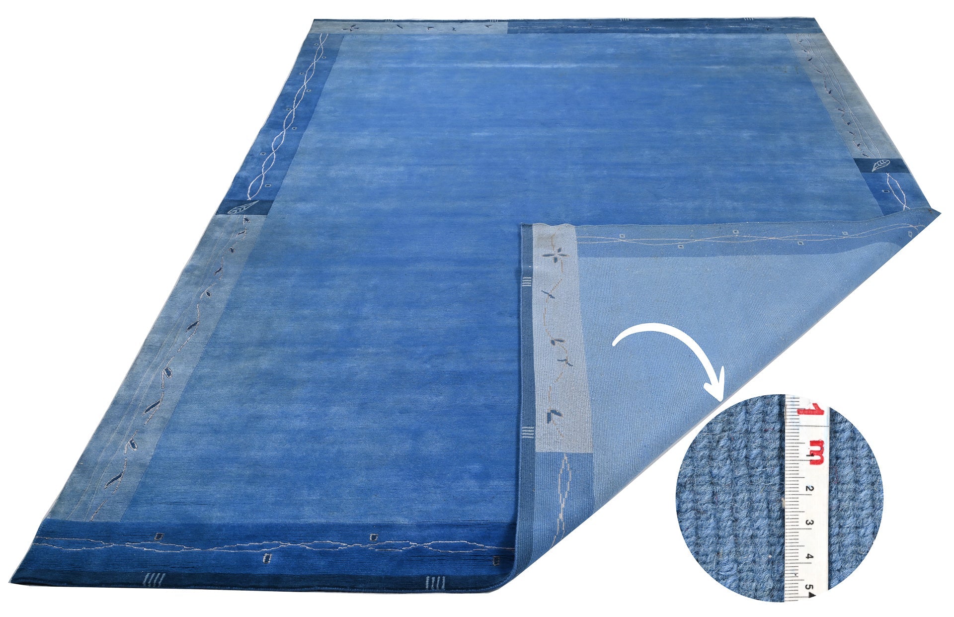 Handgeknüpfter tibetischer Teppich in blau mit Retro Bordüre – Neuwertig