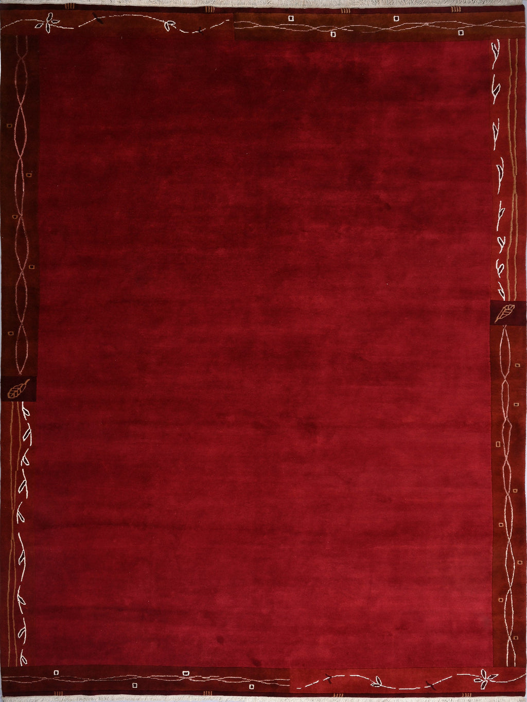 Handgeknüpfter tibetischer Teppich rot mit Retro Bordüre – Neuwertig