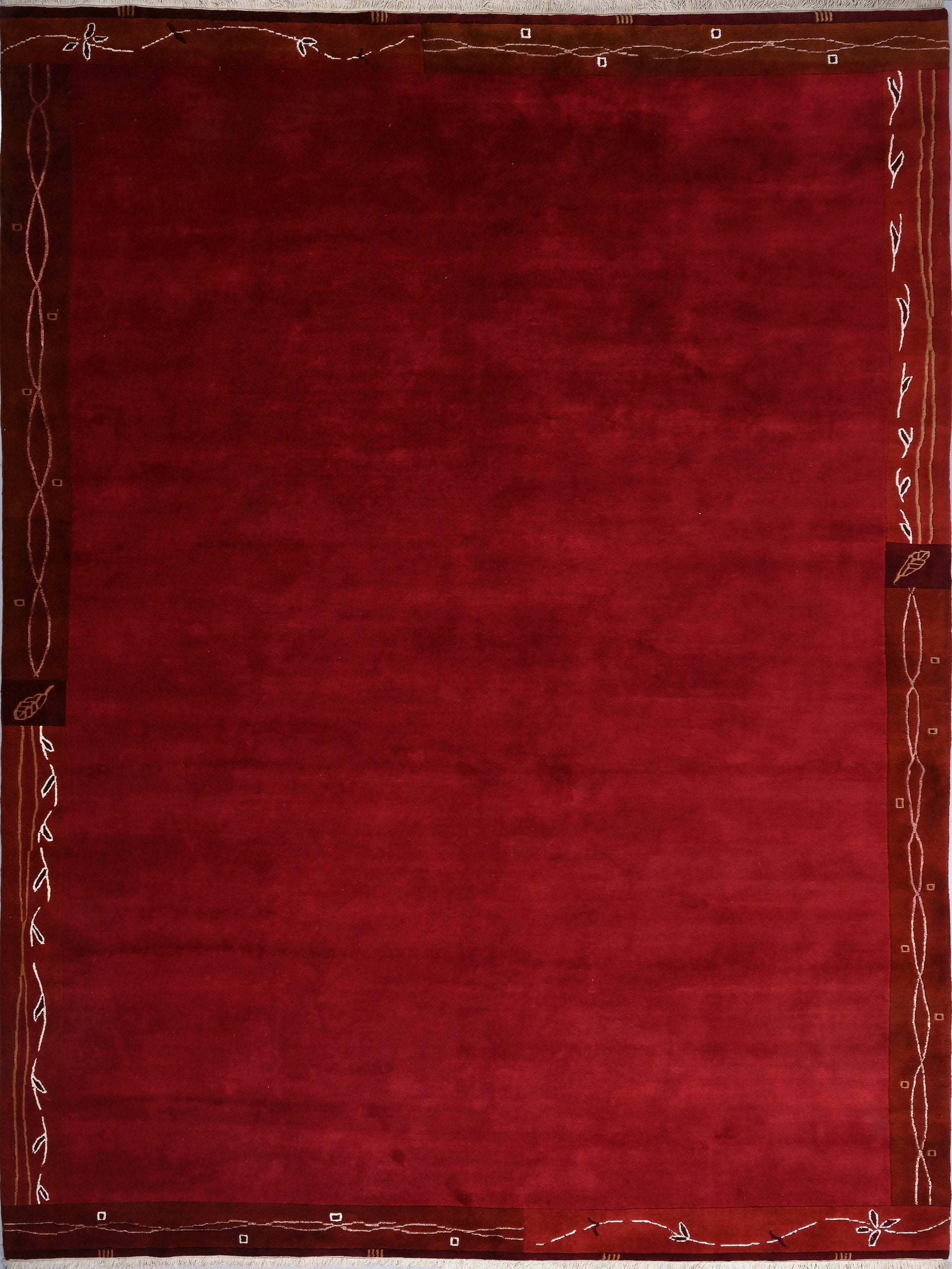 Handgeknüpfter tibetischer Teppich rot mit Retro Bordüre – Neuwertig