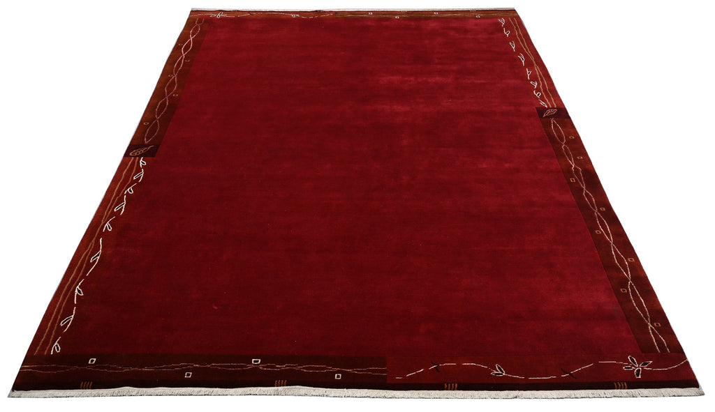 Handgeknüpfter tibetischer Teppich rot mit Retro Bordüre – Neuwertig