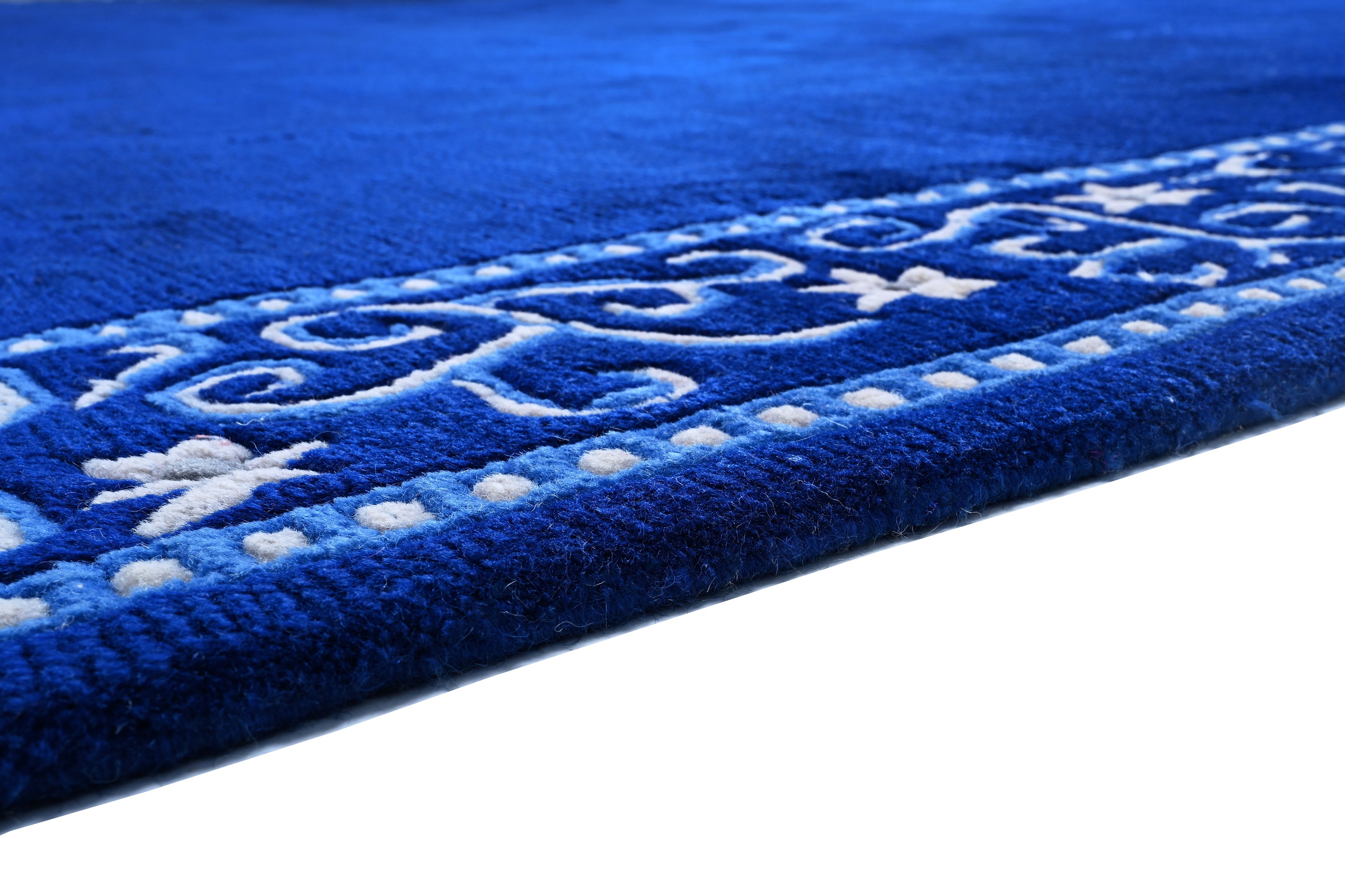 Handgeknüpfter tibetischer Teppich in blau mit Retro-Bordüre – Neuwertig