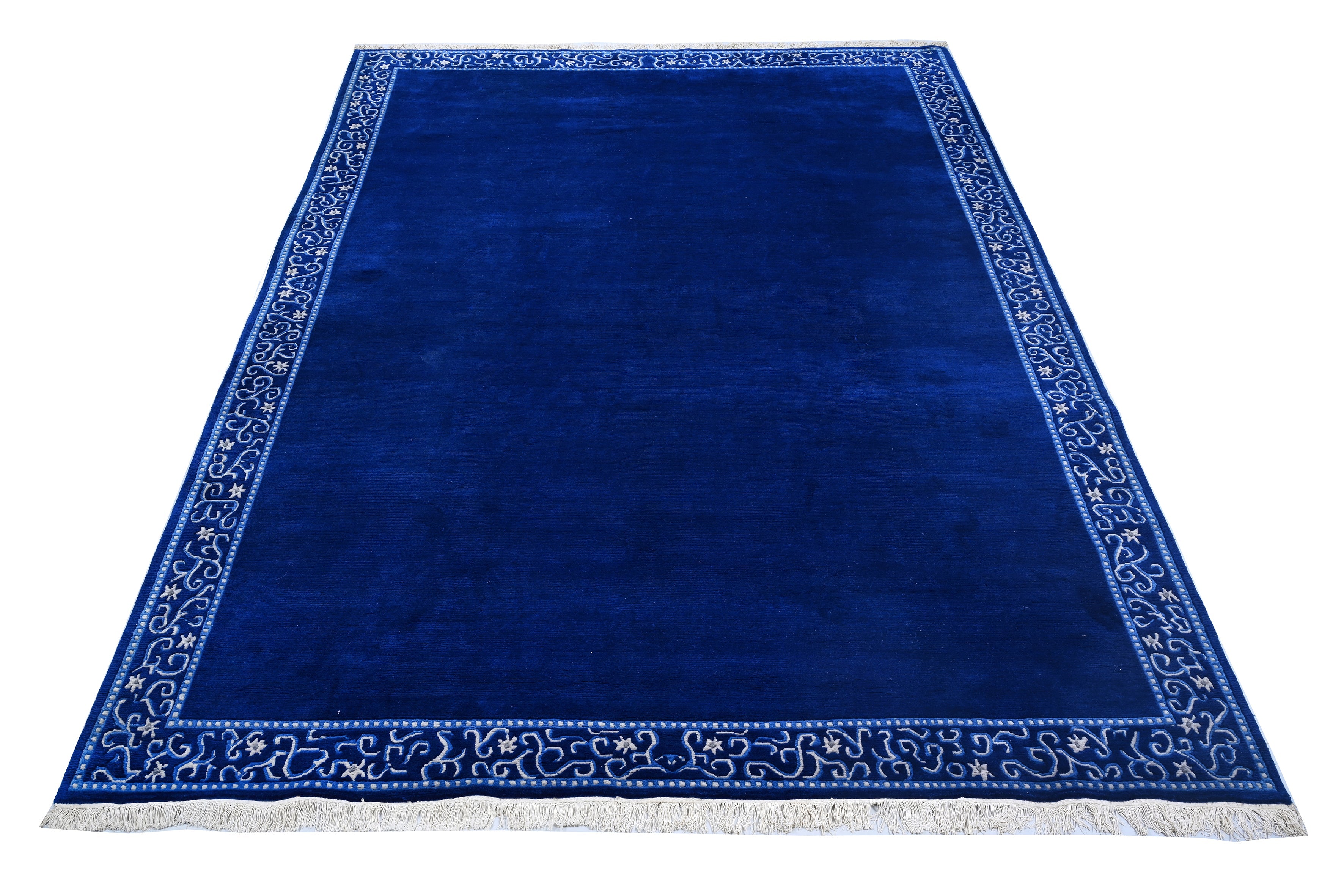 Handgeknüpfter tibetischer Teppich in blau mit Retro-Bordüre – Neuwertig