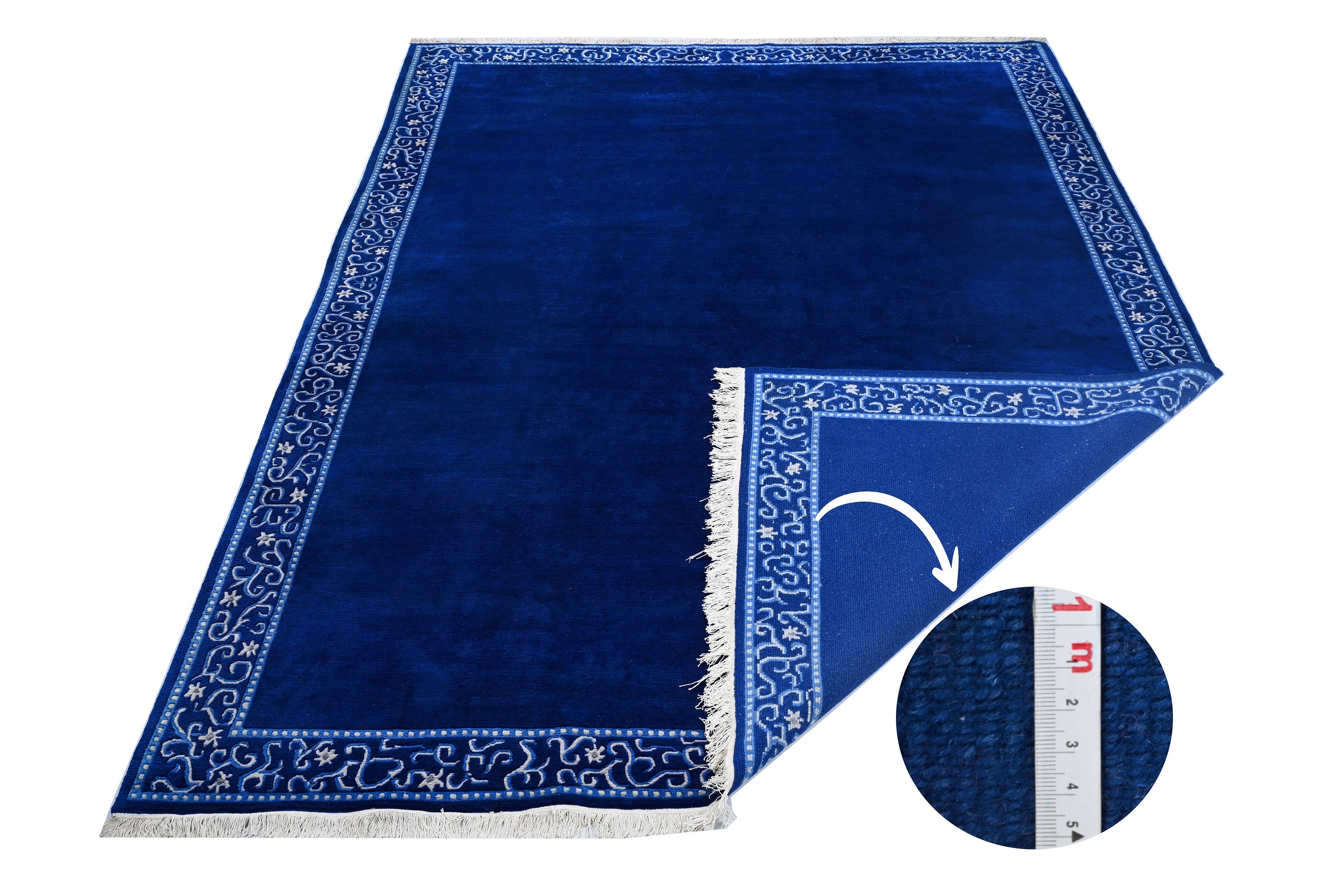 Handgeknüpfter tibetischer Teppich in blau mit Retro-Bordüre – Neuwertig