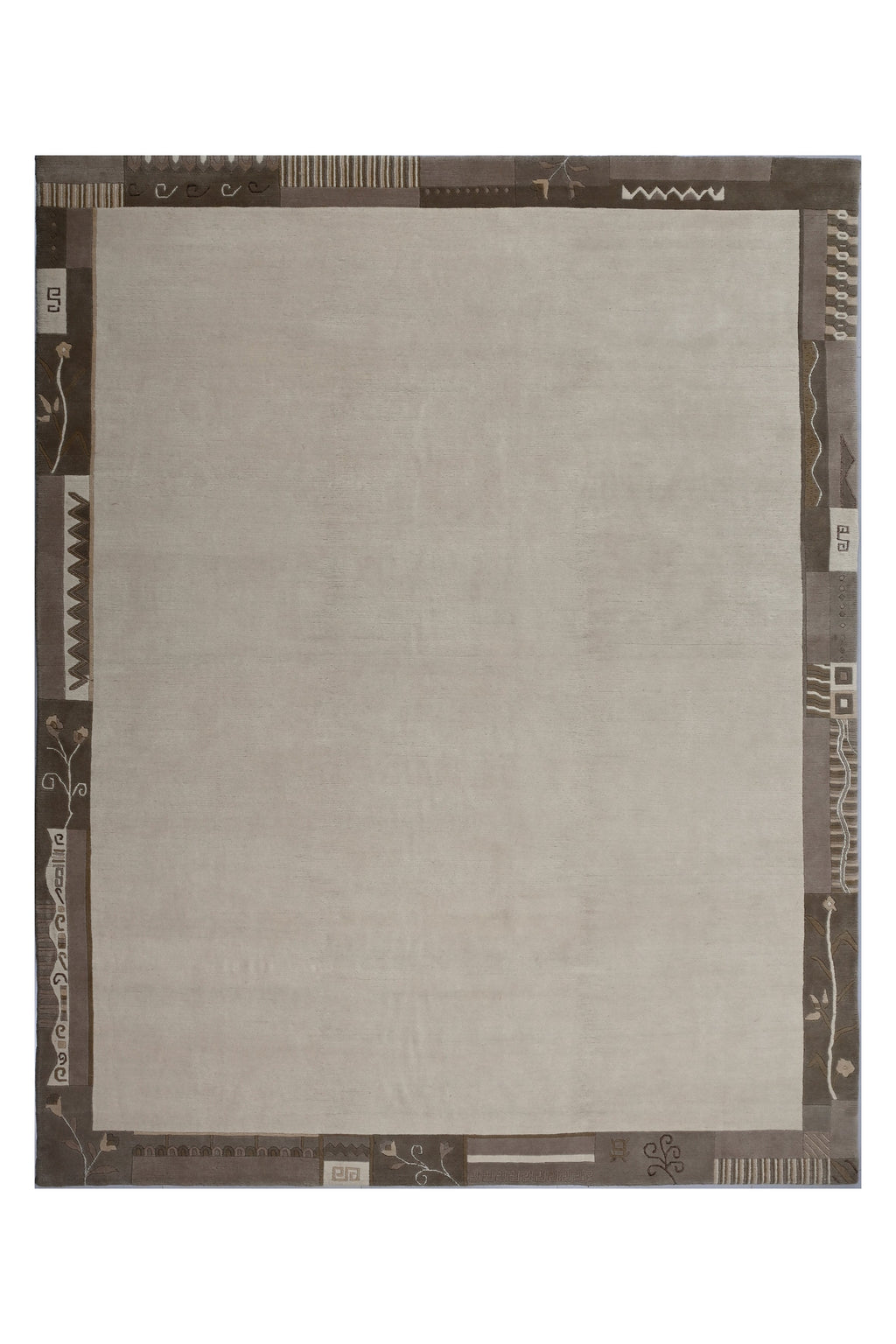 Handgeknüpfter Tibet Teppich in beige mit Retro Bordüre – Neuwertig