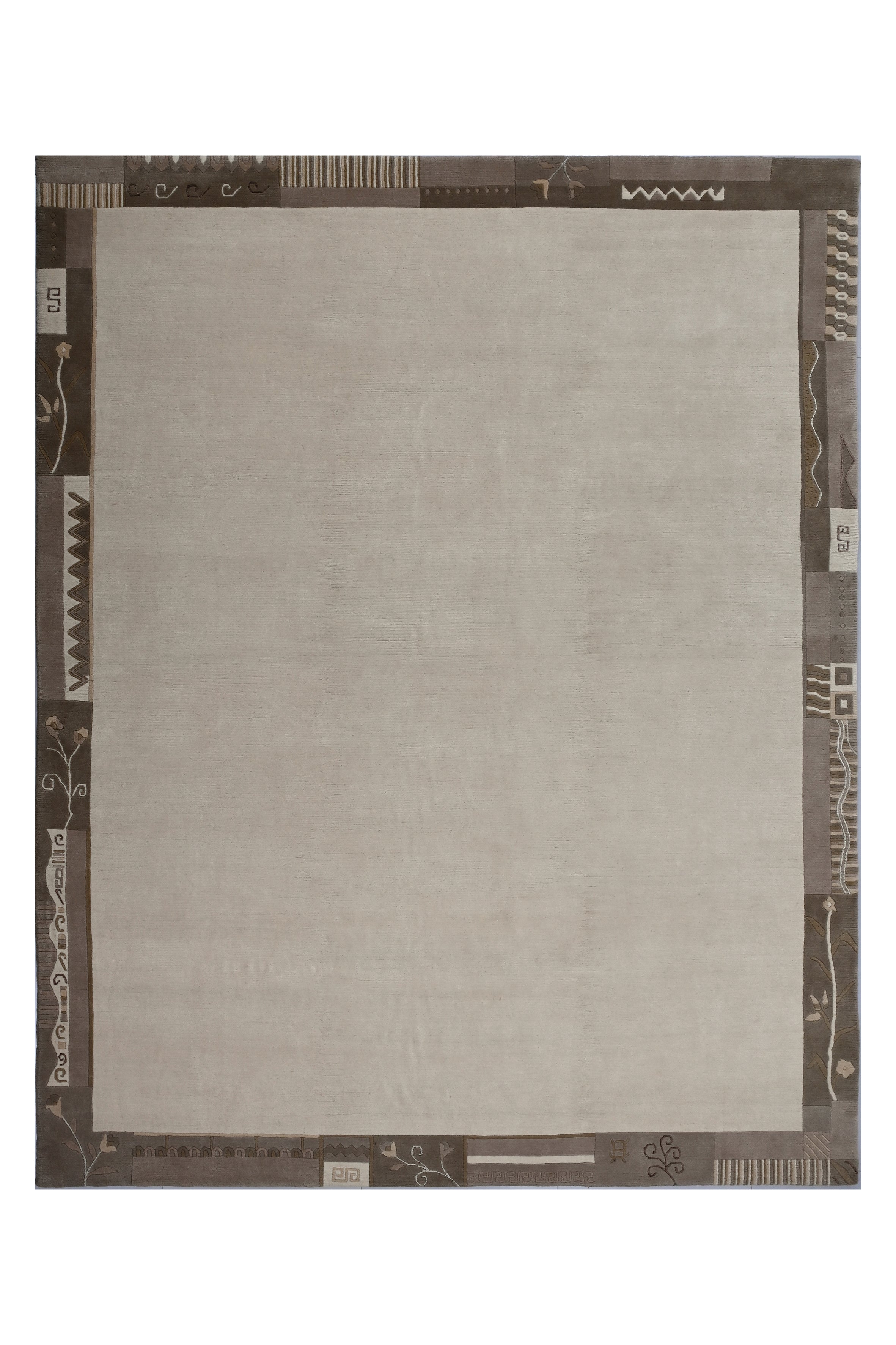 Handgeknüpfter Tibet Teppich in beige mit Retro Bordüre – Neuwertig
