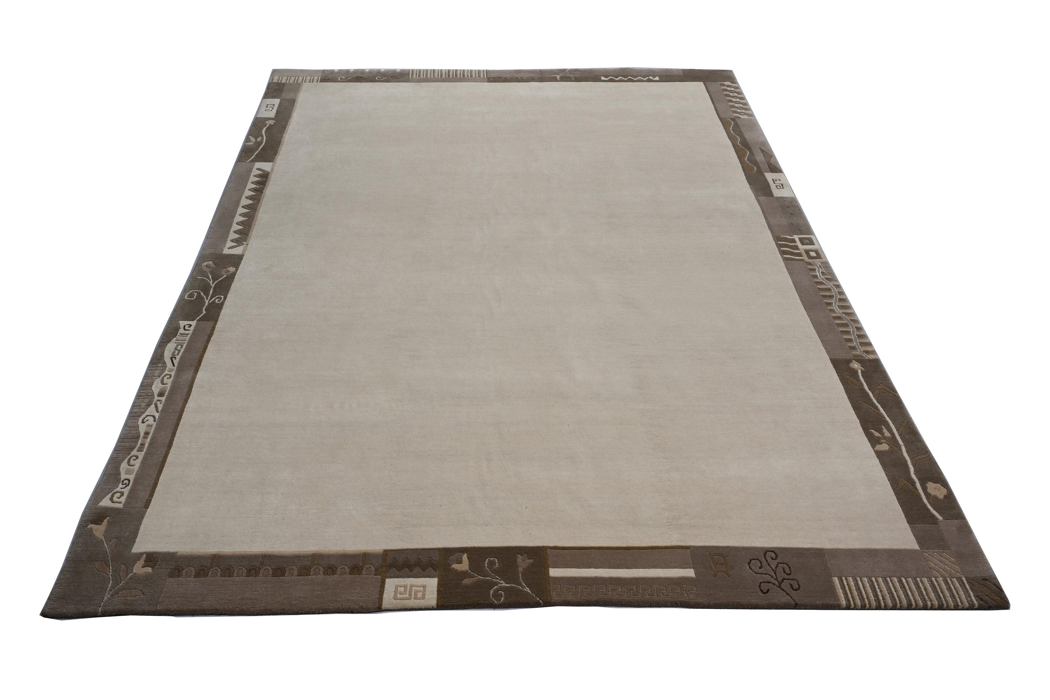Handgeknüpfter Tibet Teppich in beige mit Retro Bordüre – Neuwertig