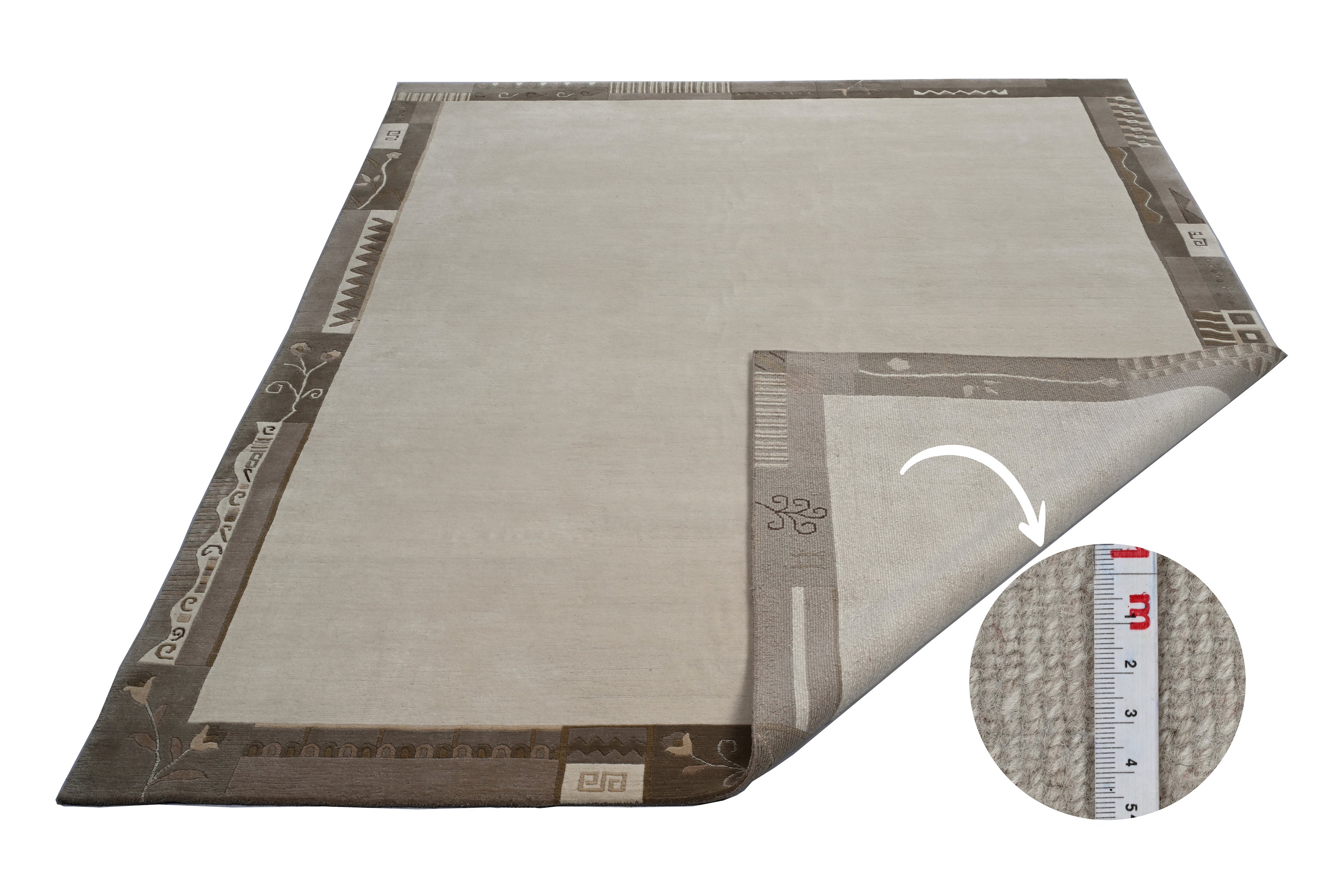 Handgeknüpfter Tibet Teppich in beige mit Retro Bordüre – Neuwertig