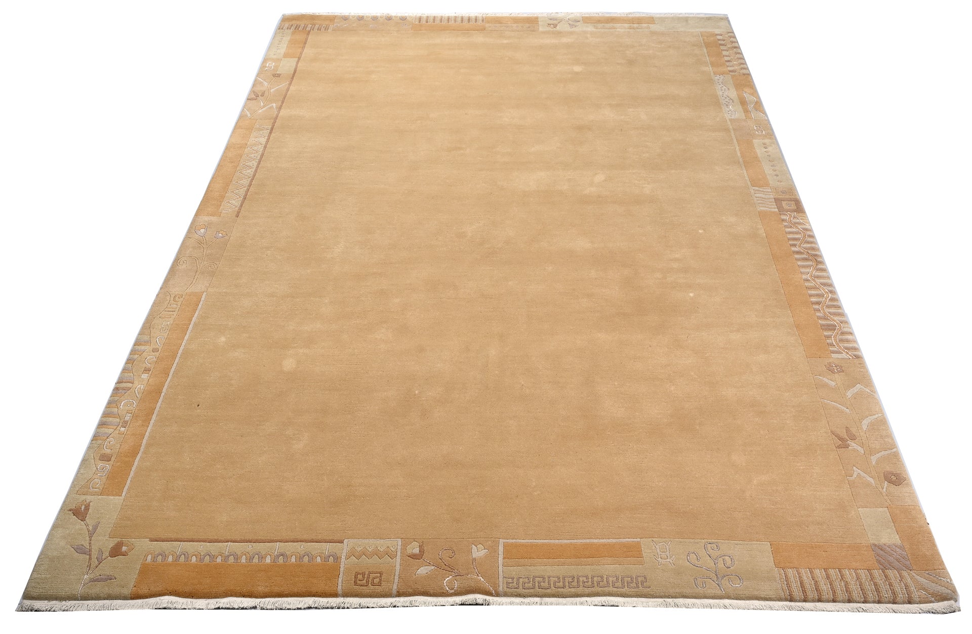 Handgeknüpfter tibetischer Teppich in einem warmen beige  mit Retro Bordüre – Neuwertig