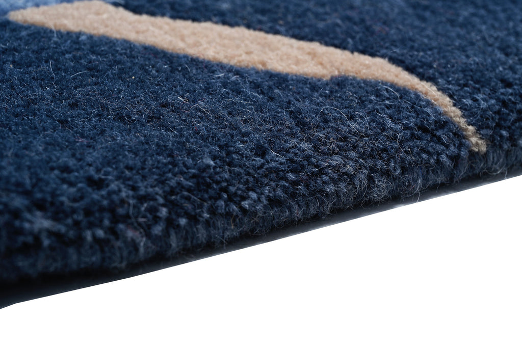 Handgeknüpfter tibetischer Teppich in blau grau mit Retro Bordüre – Neuwertig