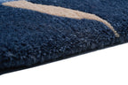 Handgeknüpfter tibetischer Teppich in blau grau mit Retro Bordüre – Neuwertig