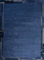 Handgeknüpfter tibetischer Teppich in blau grau mit Retro Bordüre – Neuwertig