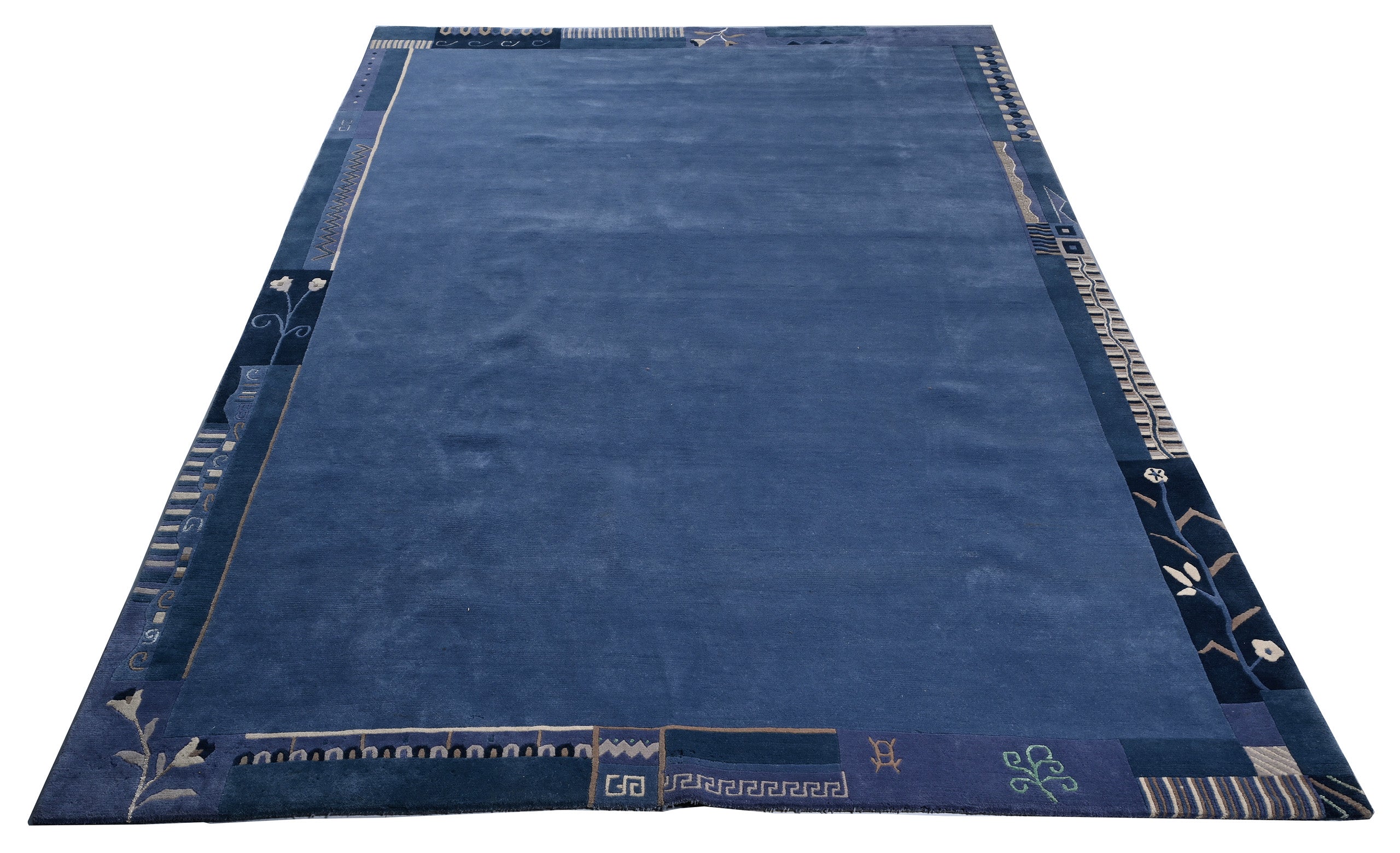 Handgeknüpfter tibetischer Teppich in blau grau mit Retro Bordüre – Neuwertig