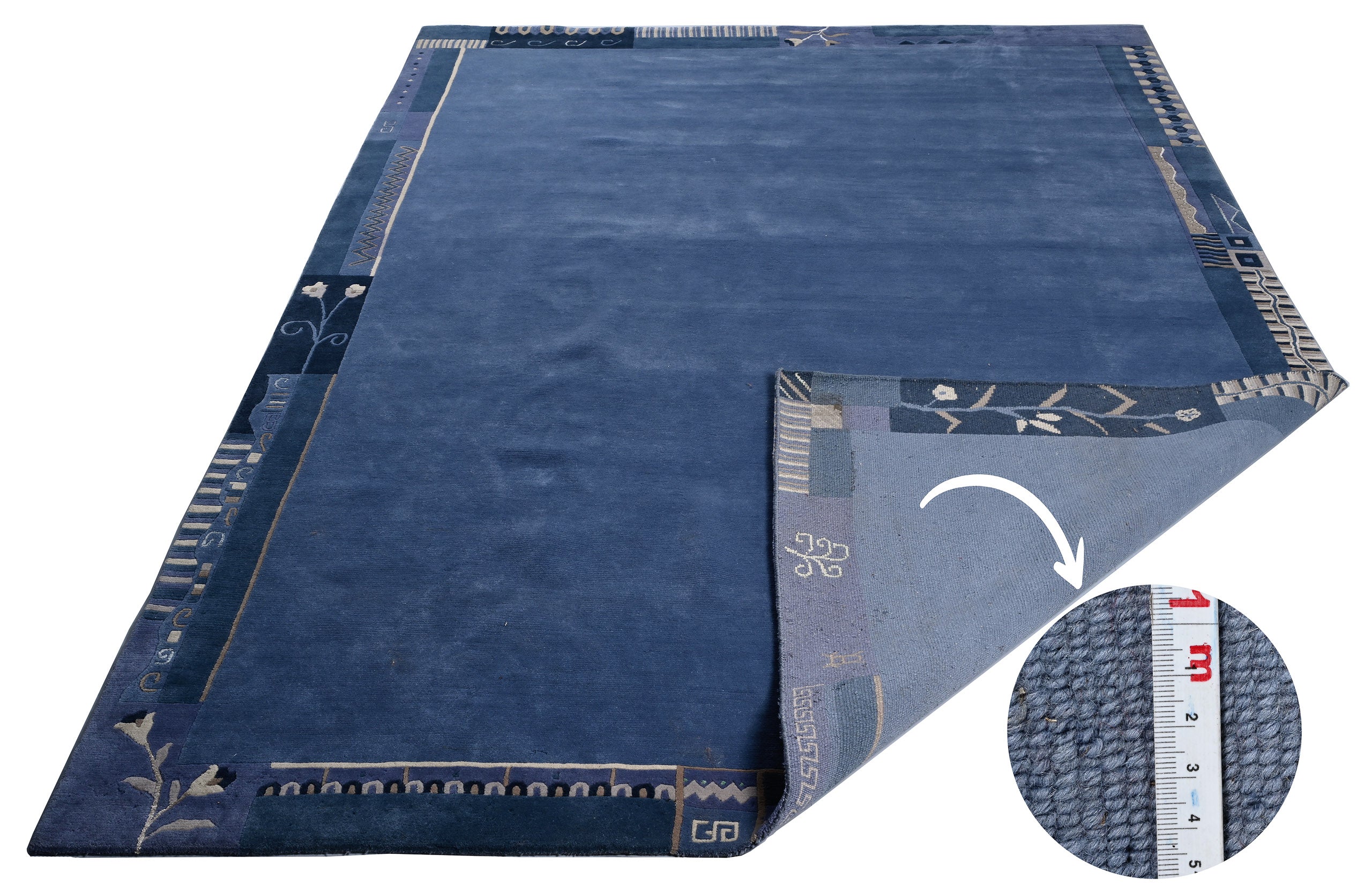 Handgeknüpfter tibetischer Teppich in blau grau mit Retro Bordüre – Neuwertig