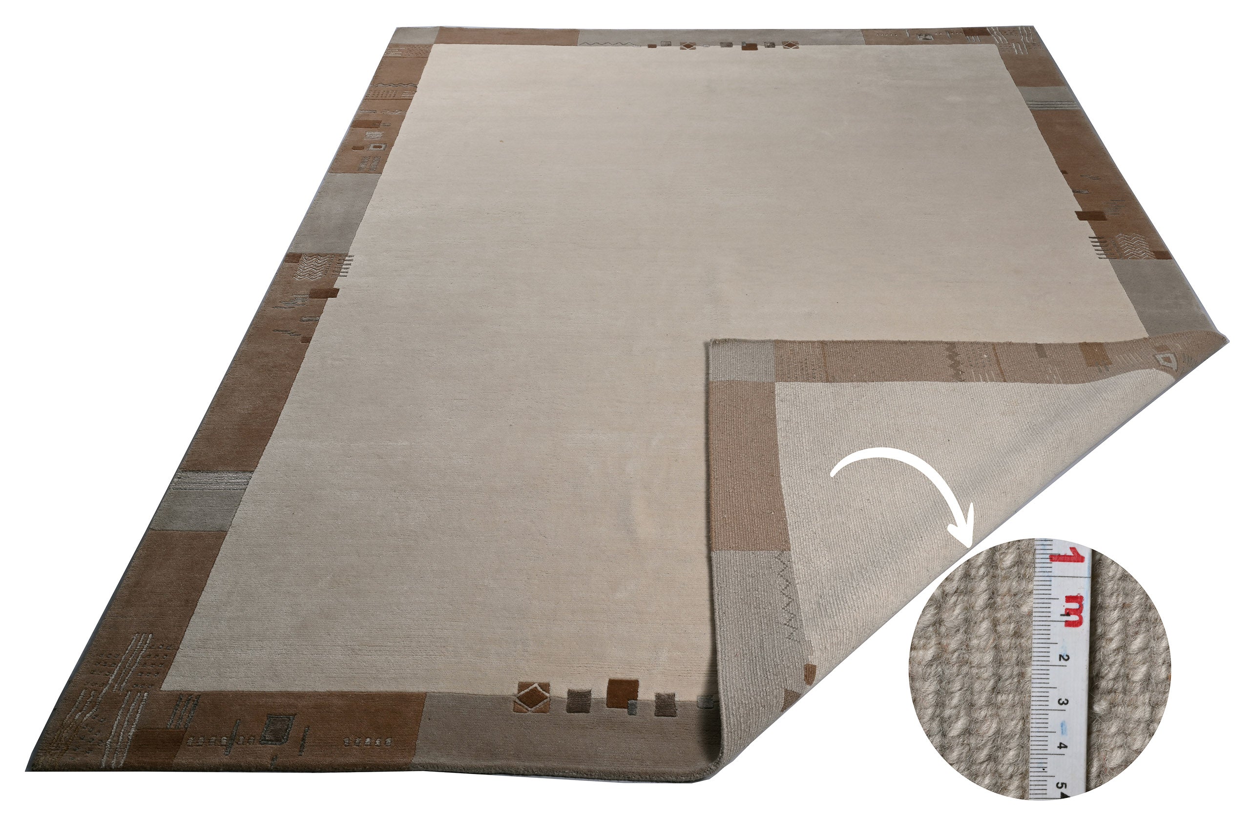 Handgeknüpfter Tibeter Teppich in beige mit Retro Bordüre – Neuwertig