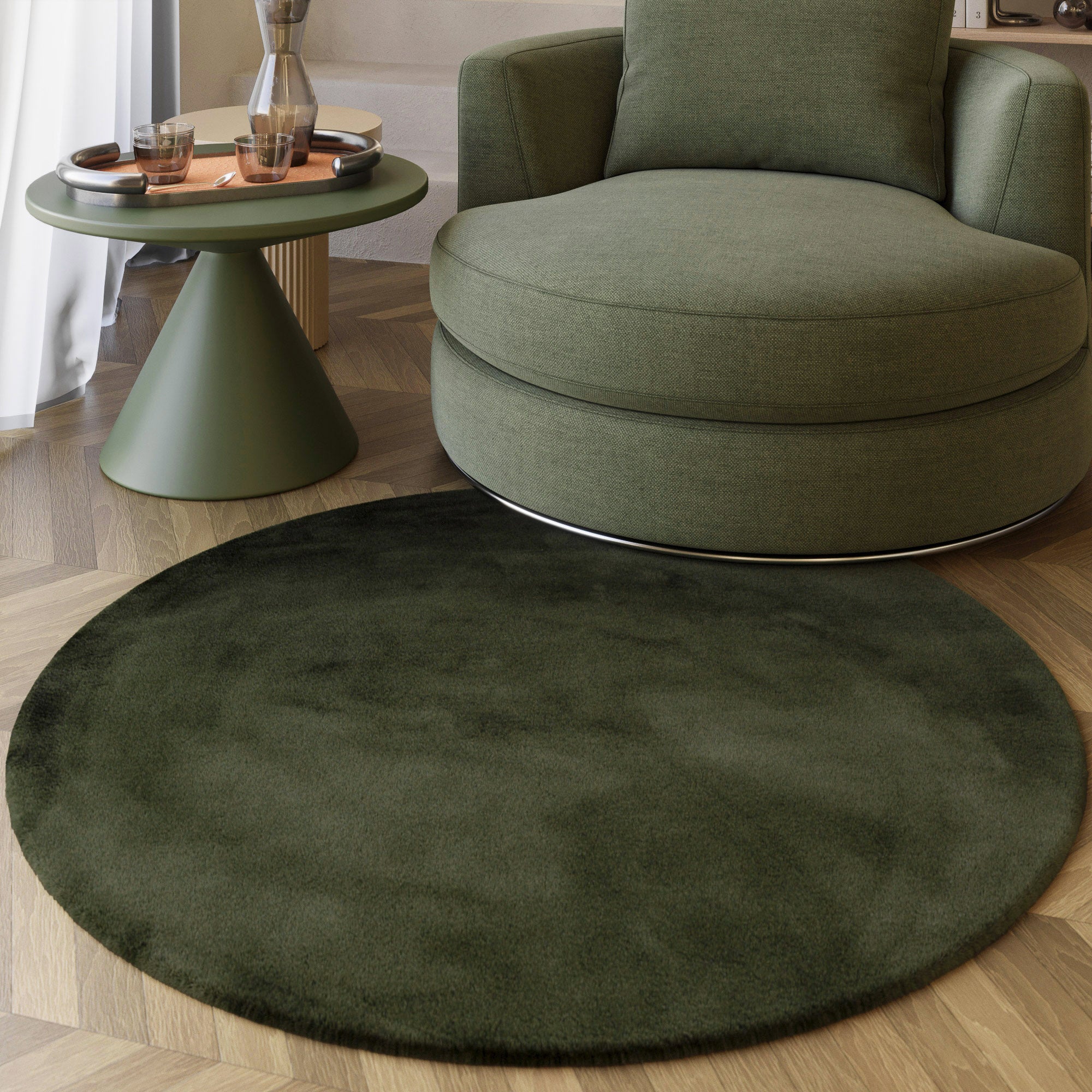 Hochflor Teppich Alice rund Oliv Grün Interiorbild