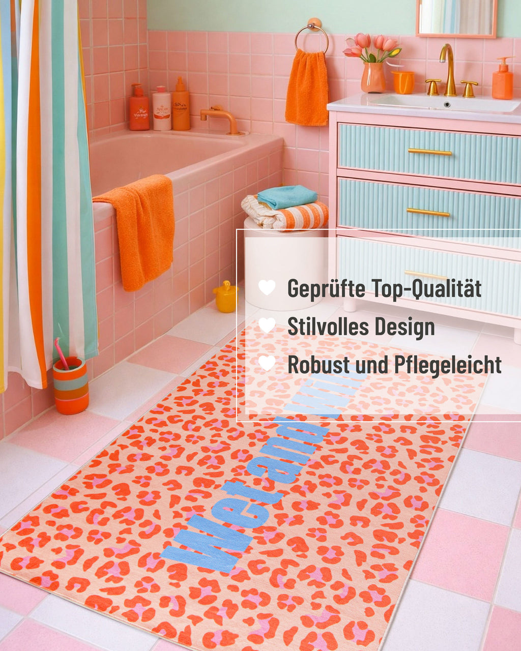 Badteppich Wet And Wild mit Hinweisen zu hochwertiger Verarbeitung, stilvollem Design und einfacher Pflege.