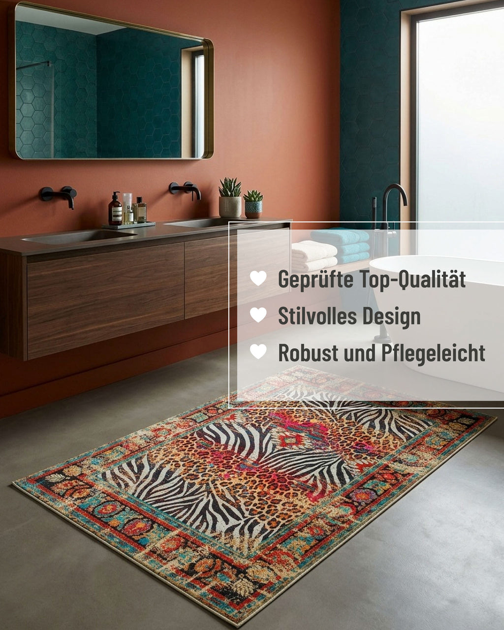 Badteppich Boho Safari mit Hinweisen zu hochwertiger Verarbeitung, Robustheit und einfacher Pflege.