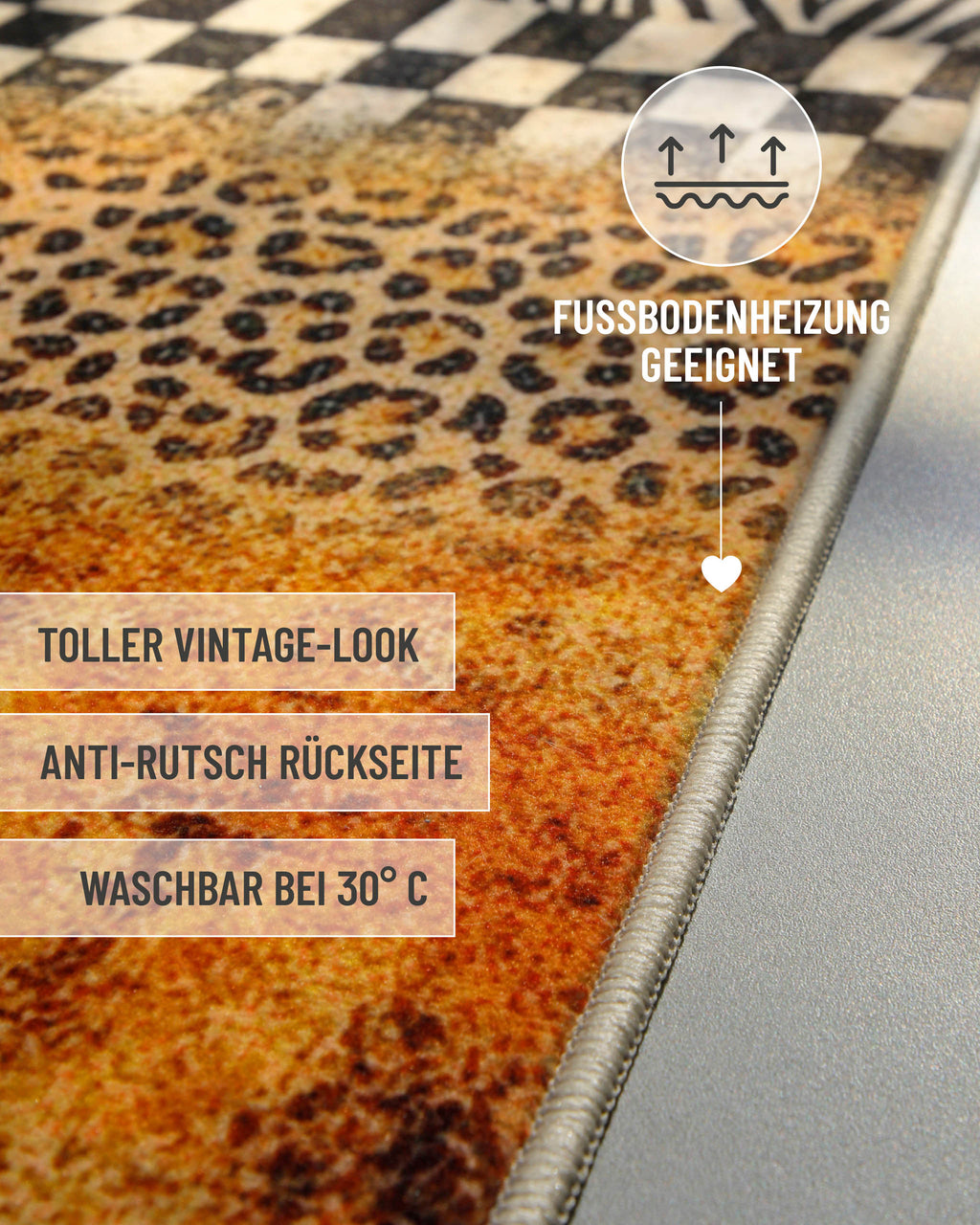 Badteppich Jungle Stripes mit Hinweisen zu Vintage-Look, Antirutschbeschichtung und Waschbarkeit.