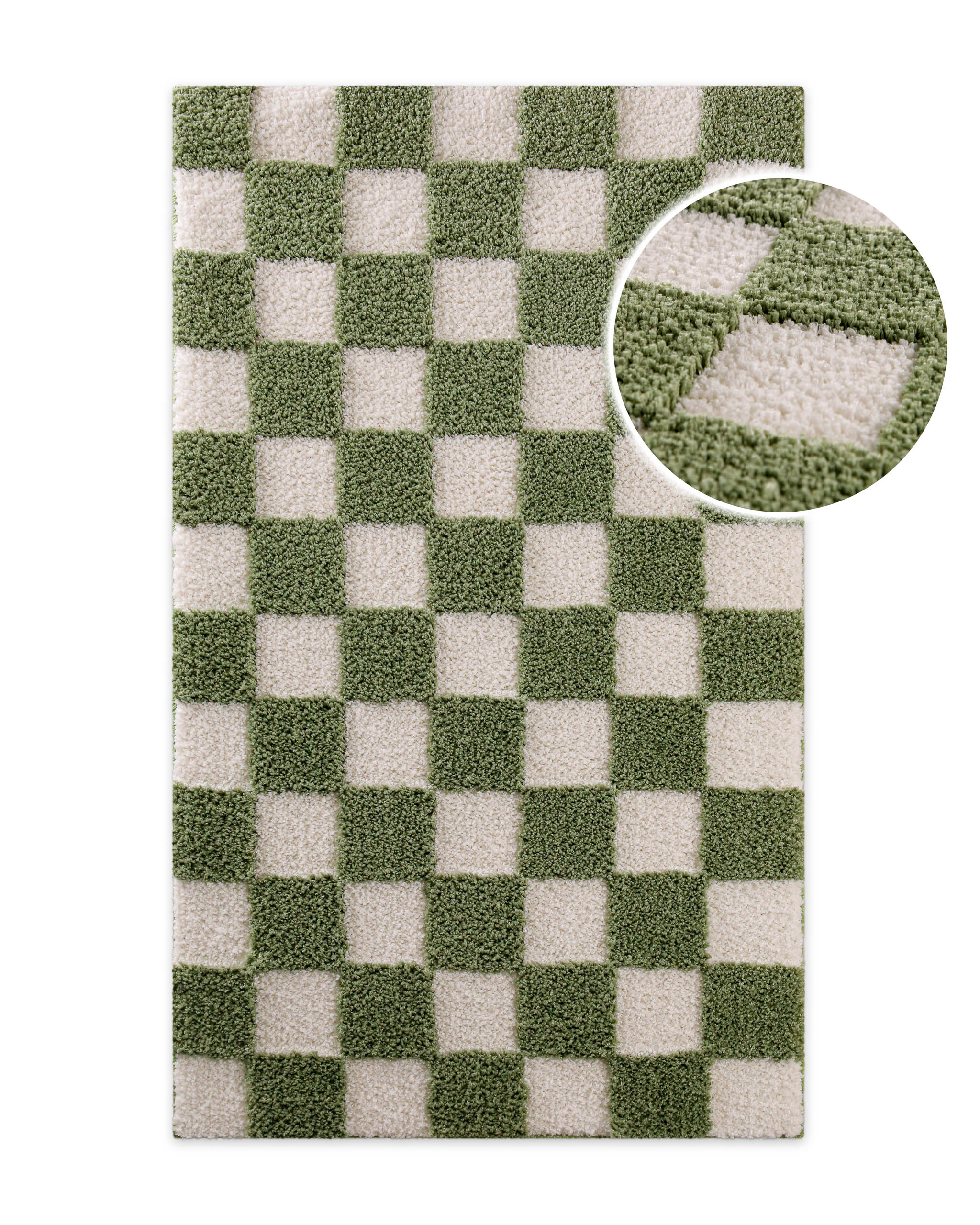 Badteppich von BathKing by WECONhome Bobbi Grün rechteckig, Draufsicht mit Schachbrettmuster und Detailausschnitt der Florstruktur auf hellem Hintergrund