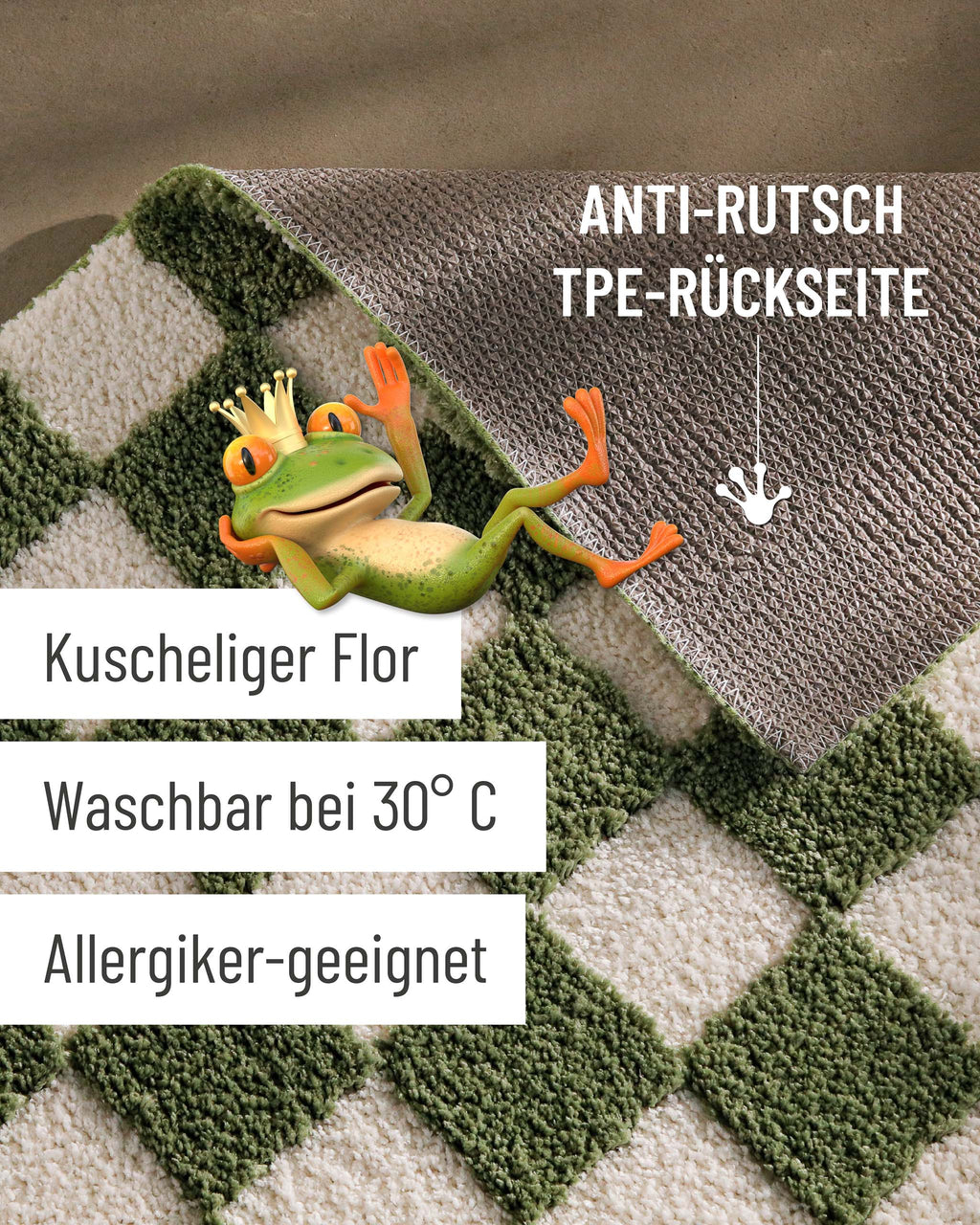 Badteppich von BathKing by WECONhome Bobbi Grün Detail mit angehobener Ecke, Hinweisgrafik zu rutschhemmender Rückseite und Waschbarkeit