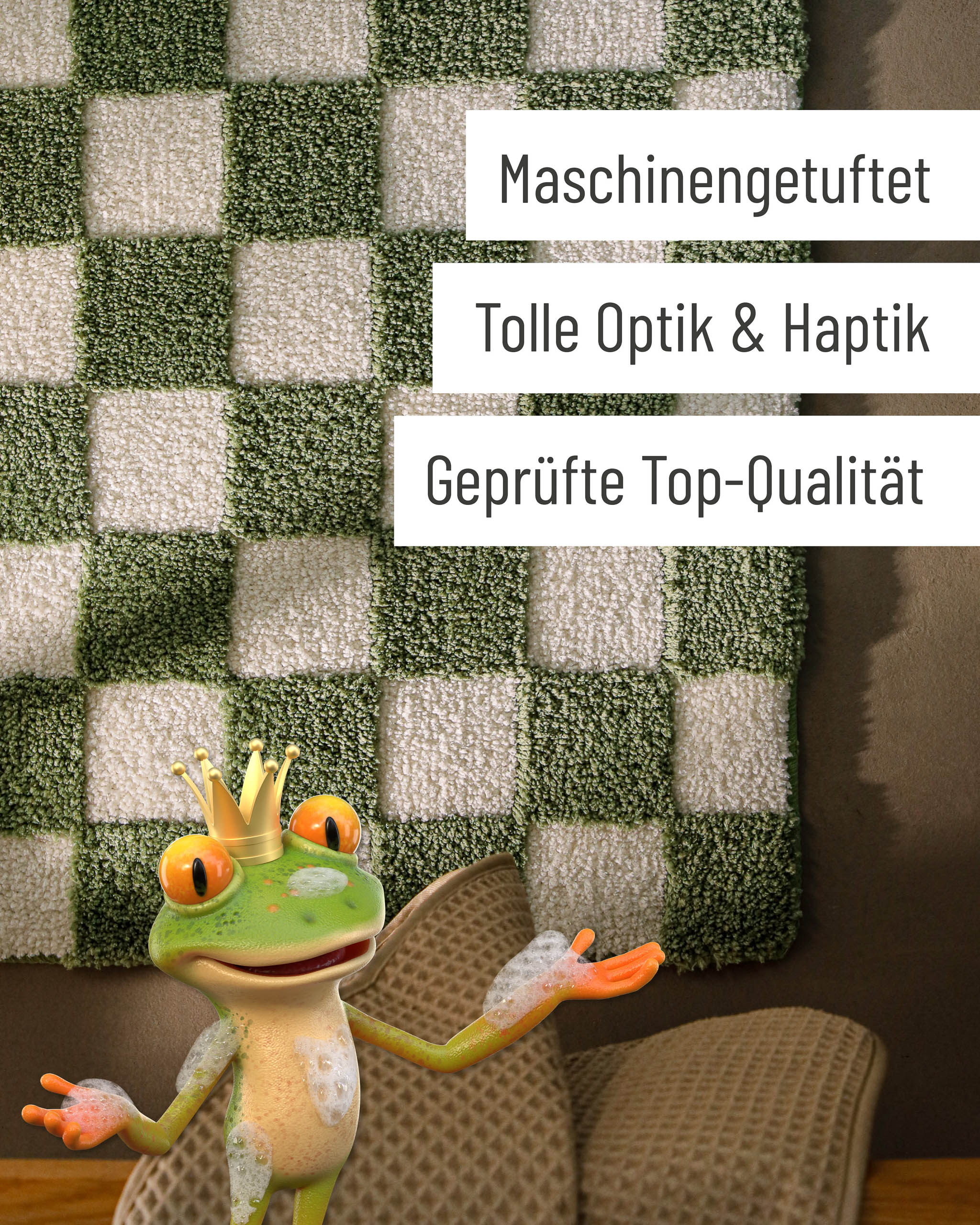 Badteppich von BathKing by WECONhome Bobbi Grün Detail der Teppichkante mit Hinweisen zu maschinengetufteter Verarbeitung