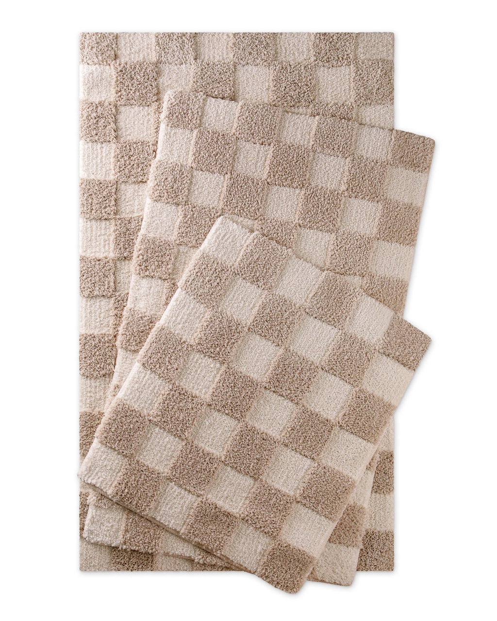 Badteppich von BathKing by WECONhome Bobbi Beige mehrere Matten übereinander gelegt, Draufsicht mit Schachbrettmuster