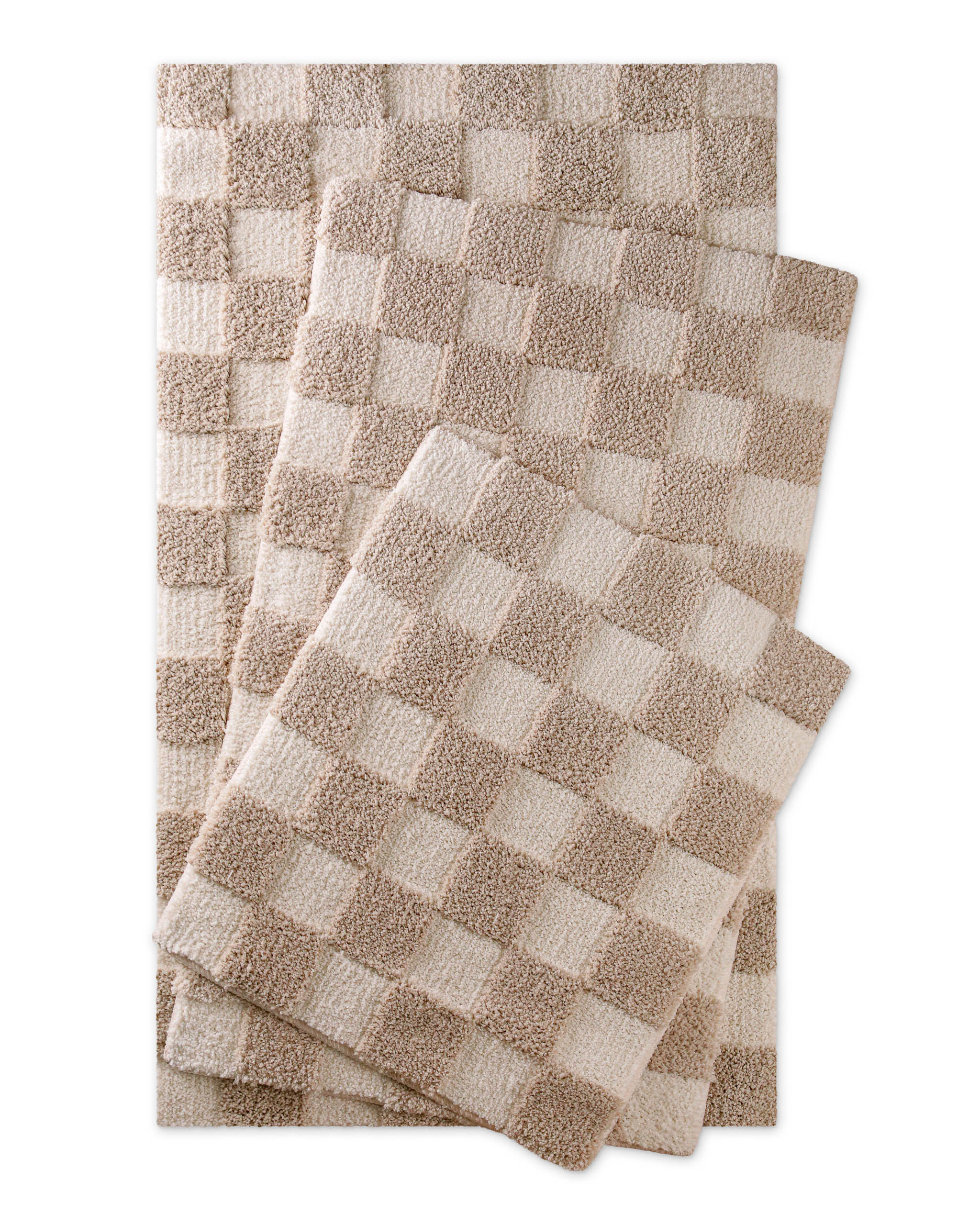 Badteppich von BathKing by WECONhome Bobbi Beige mehrere Matten übereinander gelegt, Draufsicht mit Schachbrettmuster