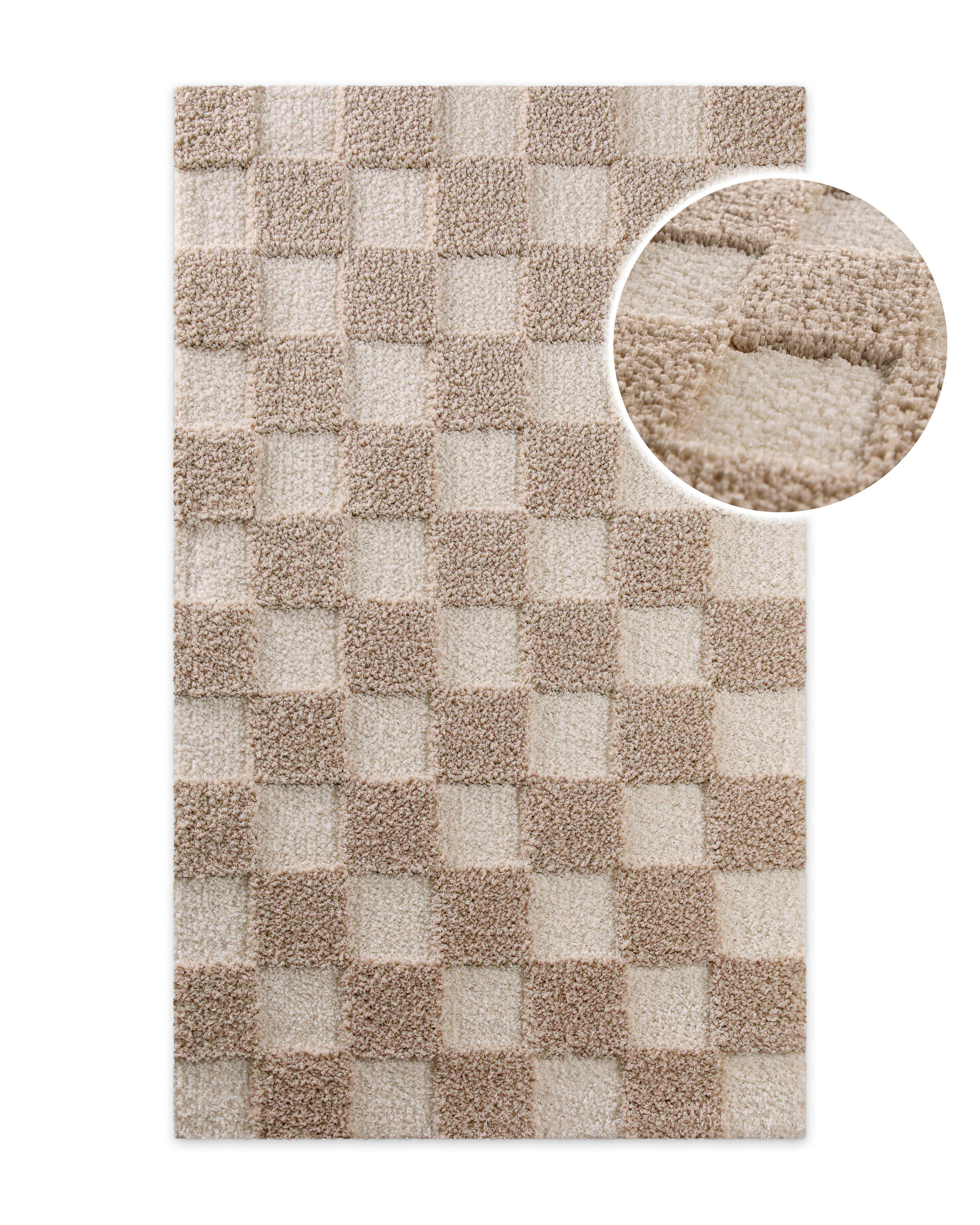 Badteppich von BathKing by WECONhome Bobbi Beige rechteckig, Draufsicht mit Schachbrettmuster und Detailausschnitt der Florstruktur auf hellem Hintergrund