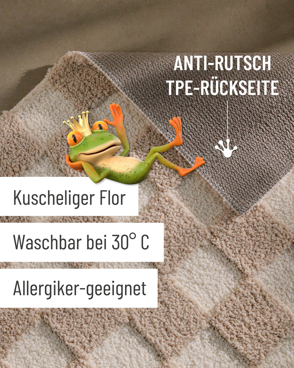 Badteppich von BathKing by WECONhome Bobbi Beige Detail mit angehobener Ecke, Hinweisgrafik zu rutschhemmender Rückseite und Waschbarkeit