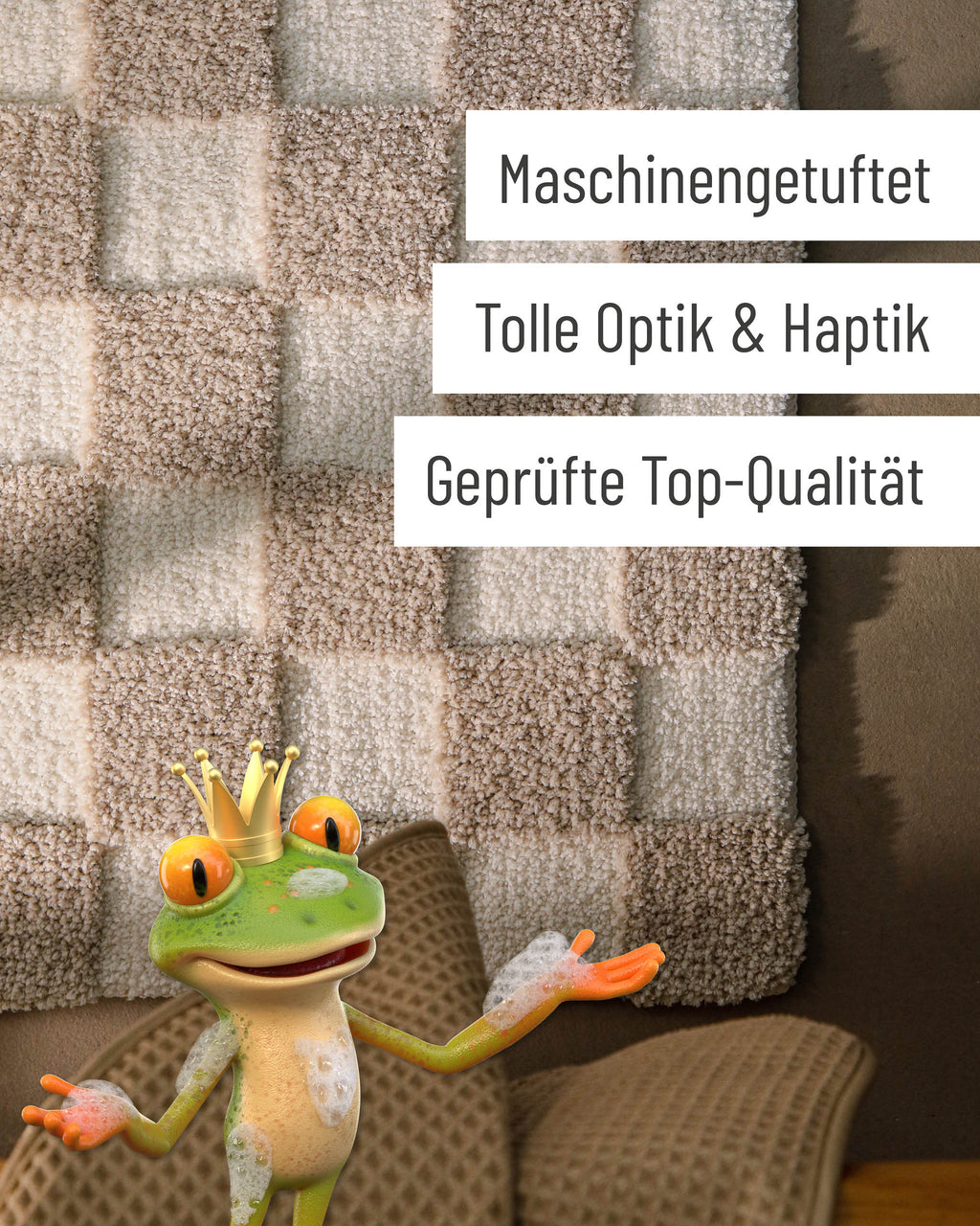 Badteppich von BathKing by WECONhome Bobbi Beige Detail der Teppichkante mit Hinweisen zu maschinengetufteter Verarbeitung