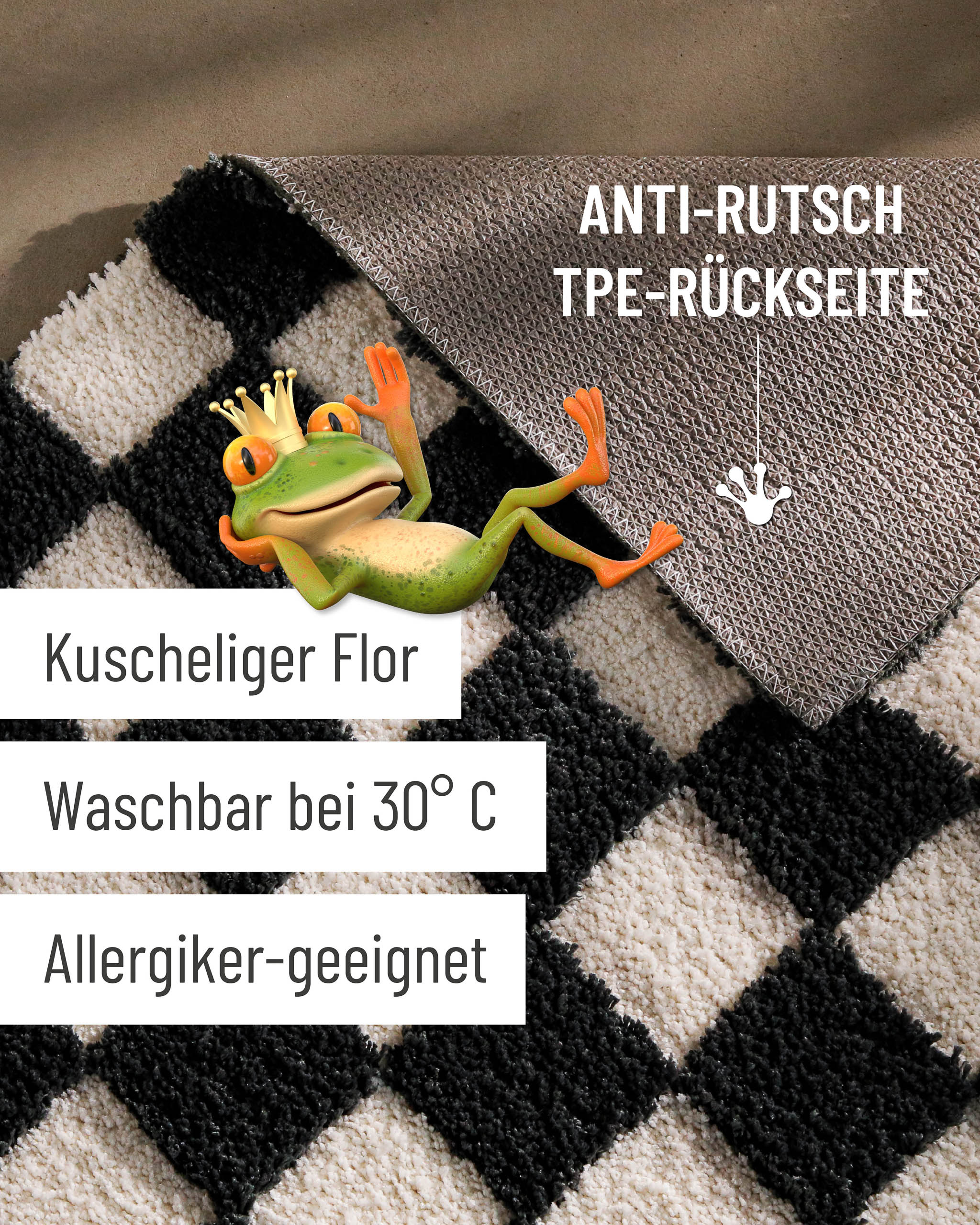 Badteppich von BathKing by WECONhome Bobbi Anthrazit Grau Detail mit angehobener Ecke, Hinweisgrafik zu rutschhemmender Rückseite und Waschbarkeit