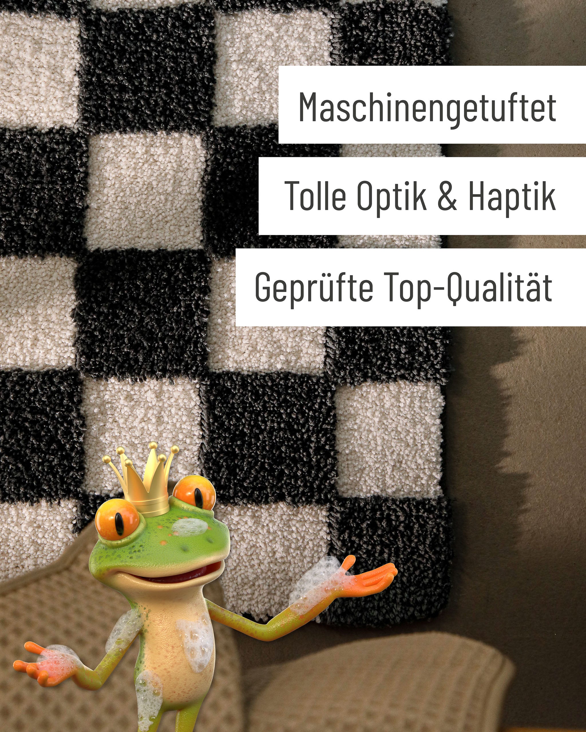 Badteppich von BathKing by WECONhome Bobbi Anthrazit Grau Detail der Teppichkante mit Hinweisen zu maschinengetufteter Verarbeitung