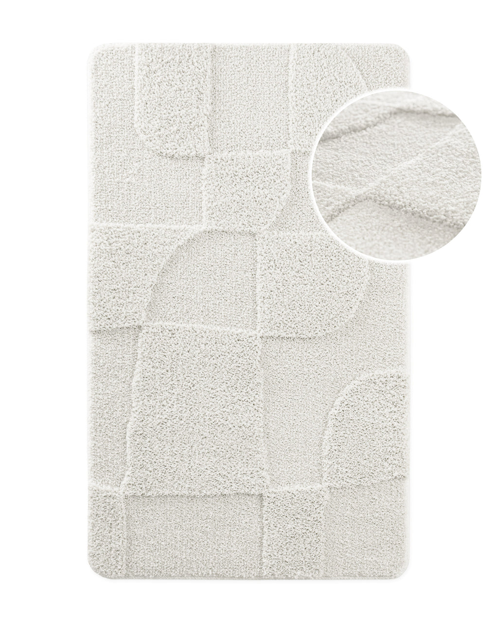 Badteppich von BathKing by WECONhome Davie Weiß, Draufsicht mit Detailkreis der Florstruktur und eingeprägtem Muster auf weißem Hintergrund