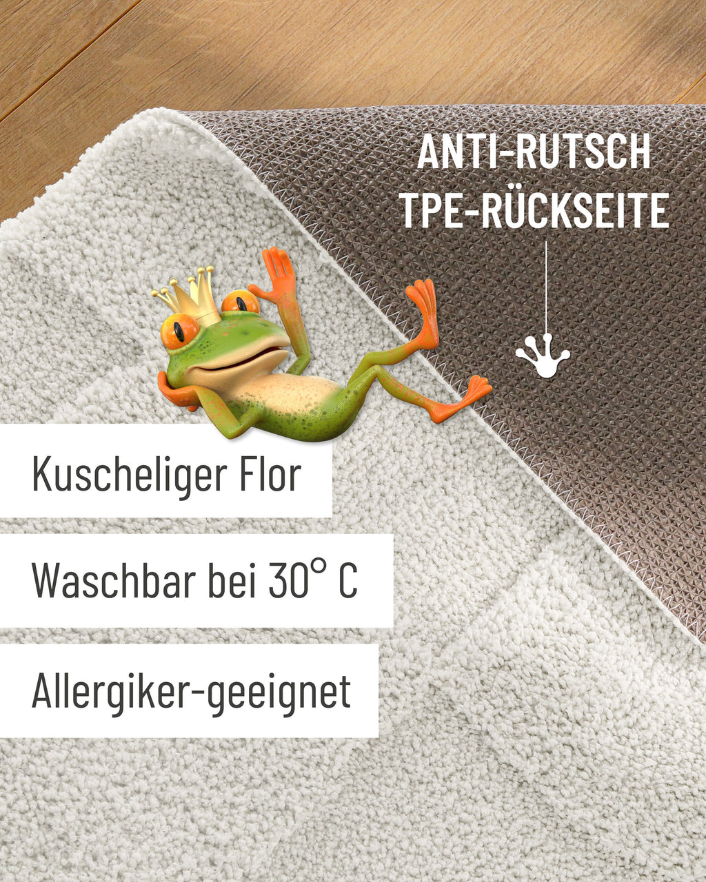 Badteppich von BathKing by WECONhome Davie Weiß Detailaufnahme Flor auf Holzfußboden, eingeblendete Hinweise zu rutschhemmender Rückseite und Waschbarkeit