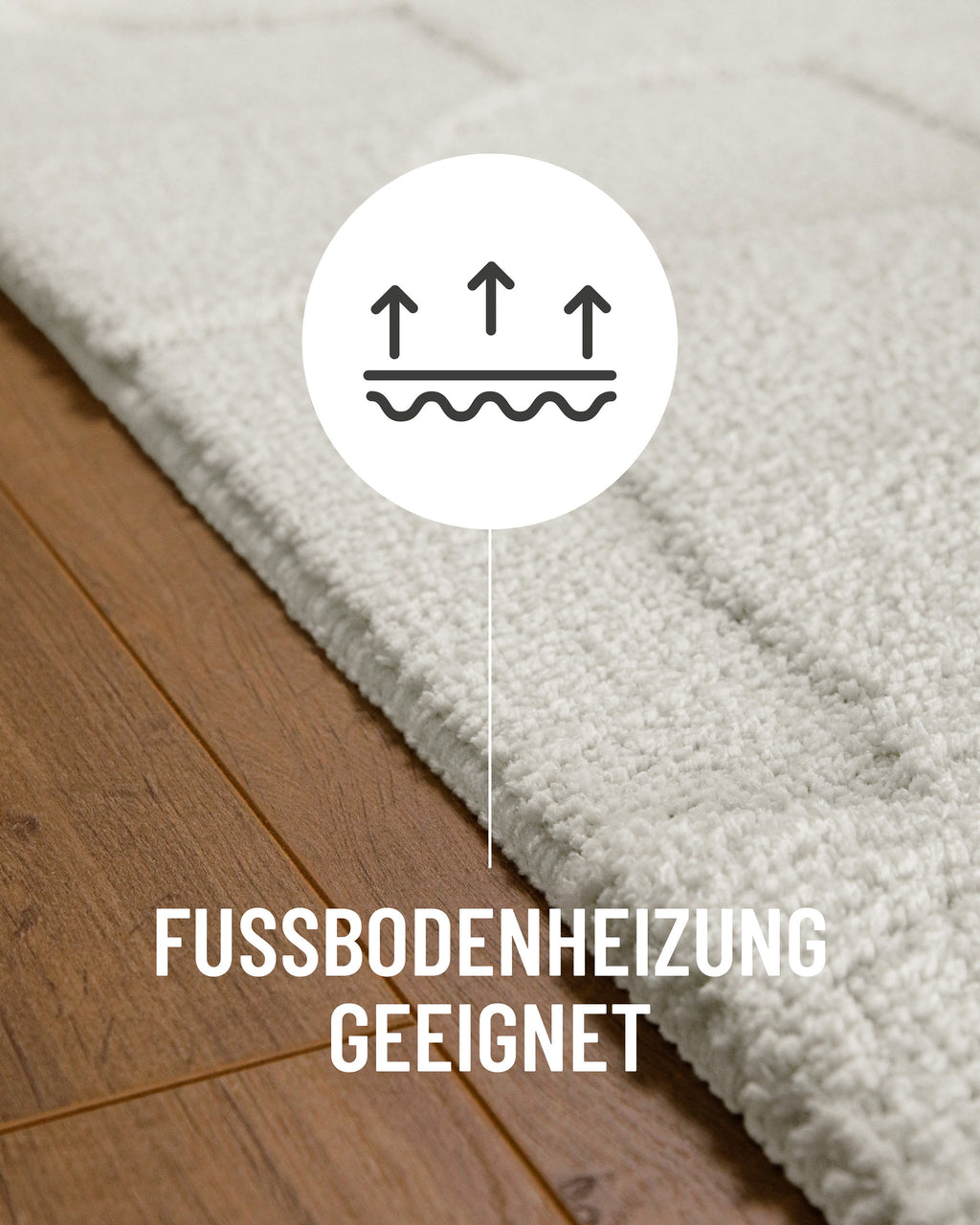 Badteppich von BathKing by WECONhome Davie Weiß Detail auf Holzfußboden mit Symbol für Fußbodenheizung, Nahaufnahme von Flor und Teppichkante