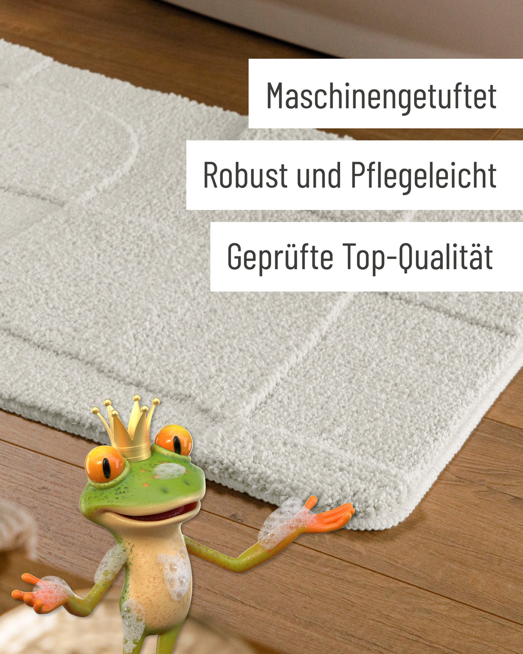 Badteppich von BathKing by WECONhome Davie Weiß Detail der Teppichkante auf Holzfußboden, eingeblendete Hinweise zu Verarbeitung und Pflege