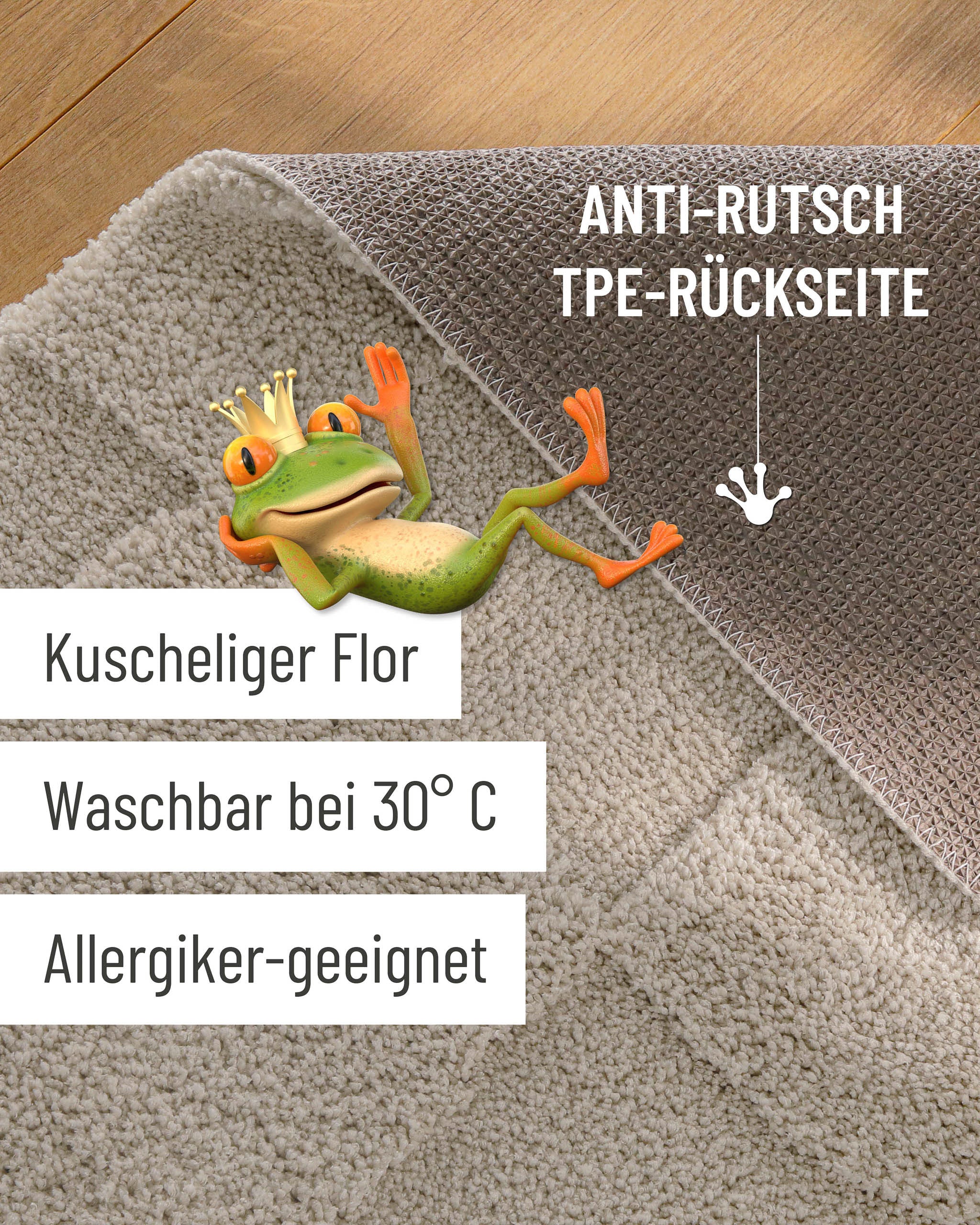 Badteppich von BathKing by WECONhome Davie Grau Detailaufnahme Flor auf Holzfußboden, eingeblendete Hinweise zu rutschhemmender Rückseite und Waschbarkeit