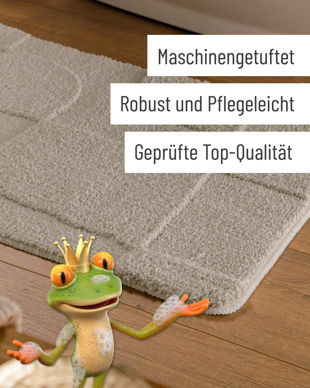 Badteppich von BathKing by WECONhome Davie Grau Detail der Teppichkante auf Holzfußboden, eingeblendete Hinweise zu Verarbeitung und Pflege