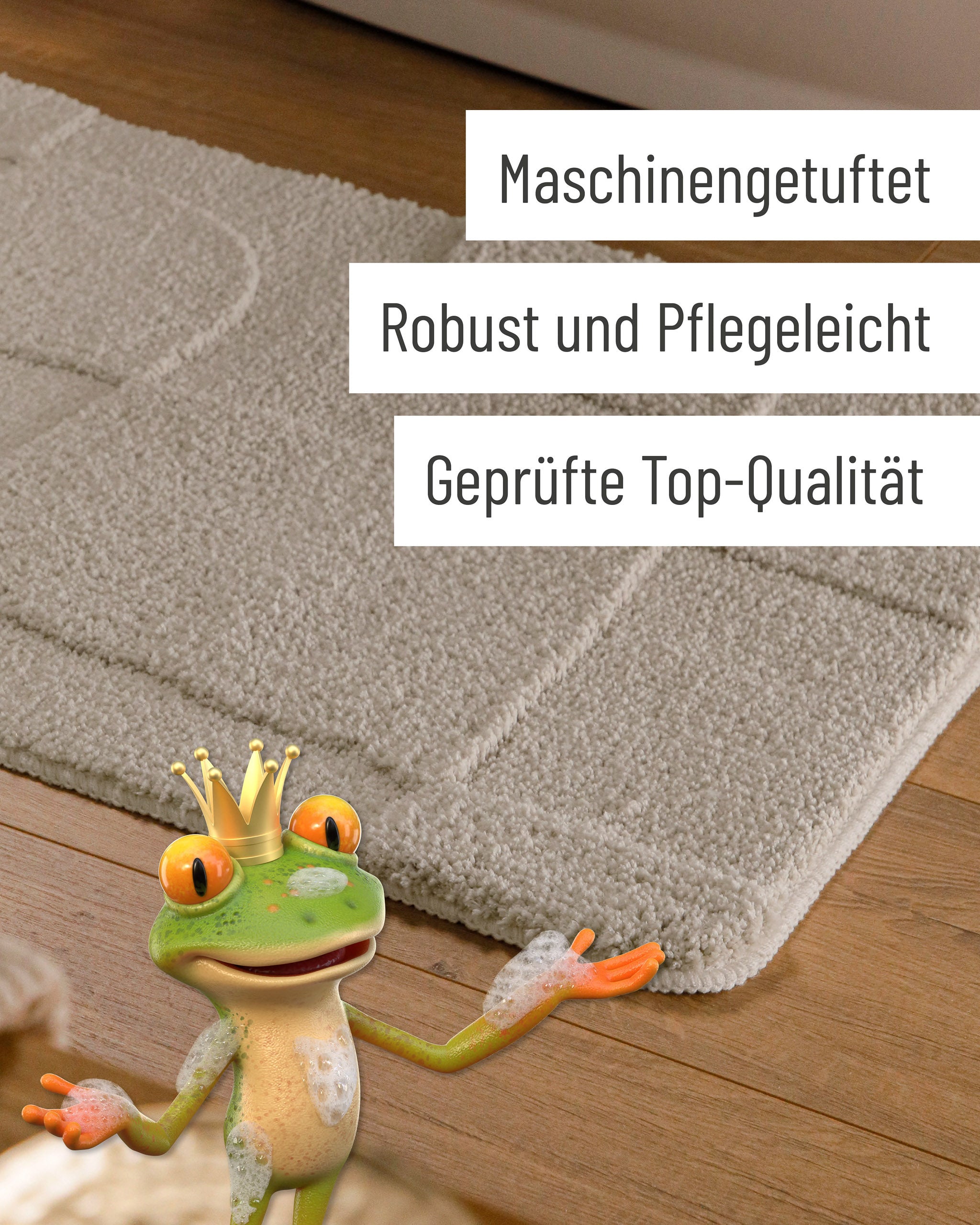 Badteppich von BathKing by WECONhome Davie Grau Detail der Teppichkante auf Holzfußboden, eingeblendete Hinweise zu Verarbeitung und Pflege