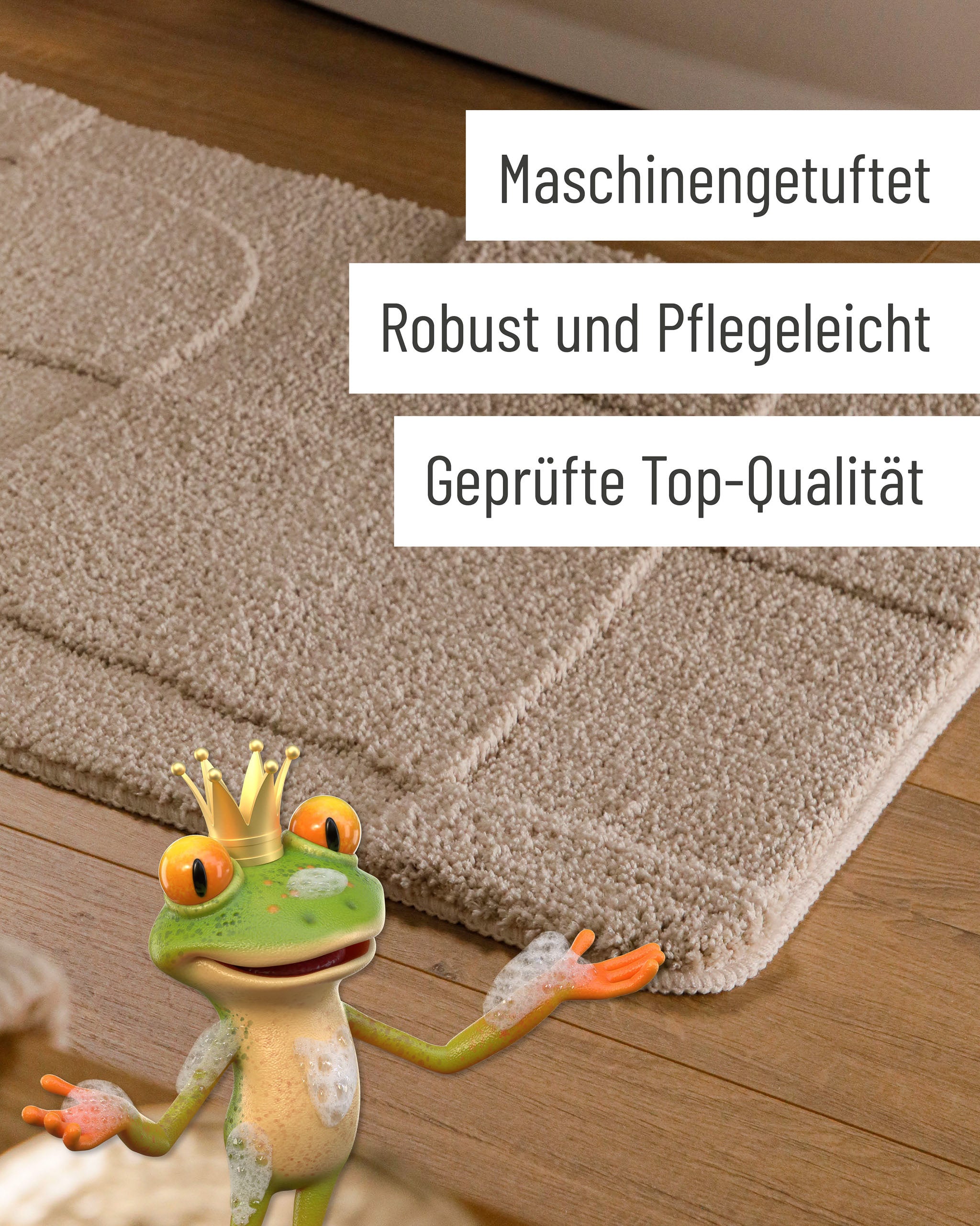 Badteppich von BathKing by WECONhome Davie Sand Beige Detail der Teppichkante auf Holzfußboden, eingeblendete Hinweise zu Verarbeitung und Pflege