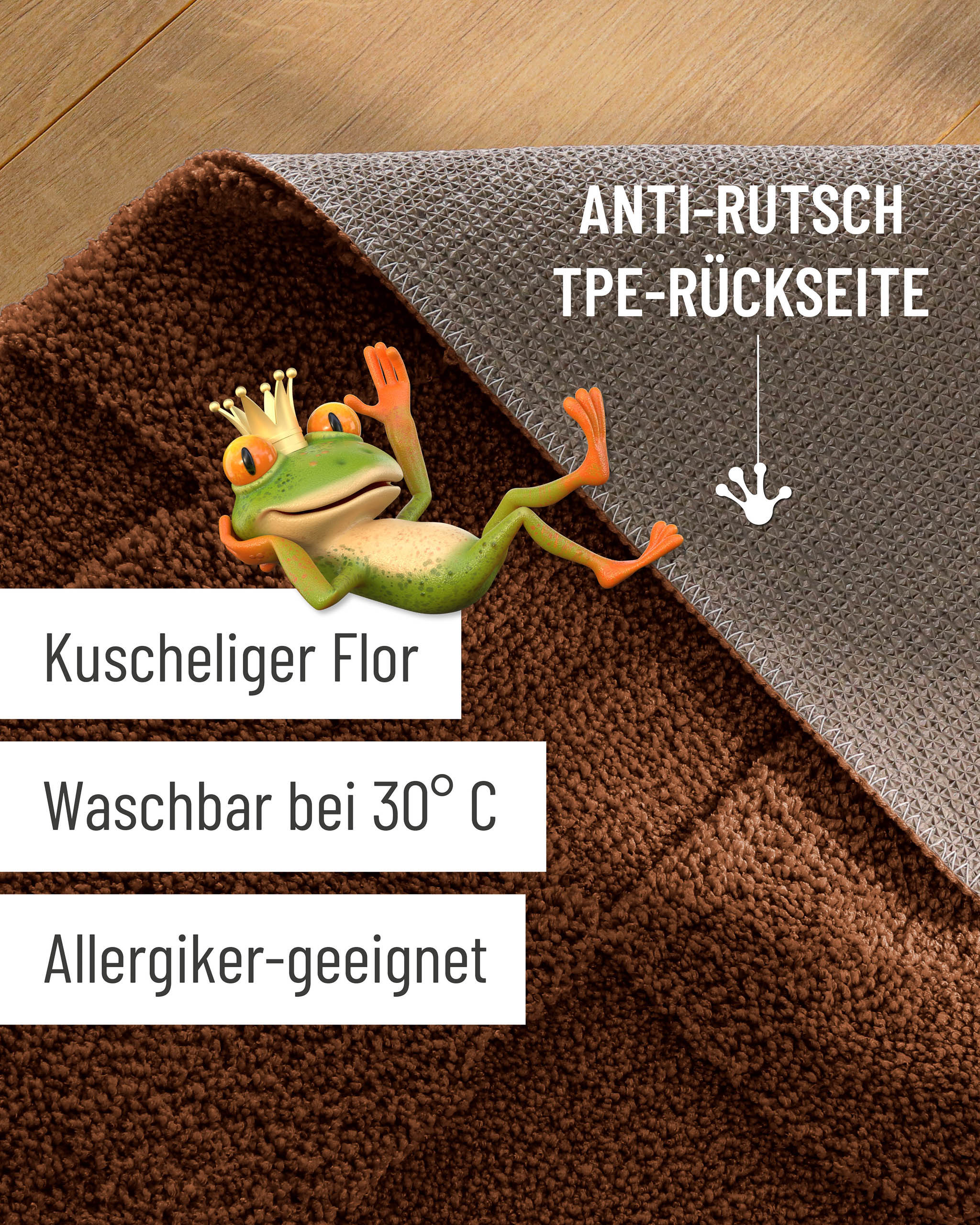Badteppich von BathKing by WECONhome Davie Braun Detailaufnahme Flor auf Holzfußboden, eingeblendete Hinweise zu rutschhemmender Rückseite und Waschbarkeit