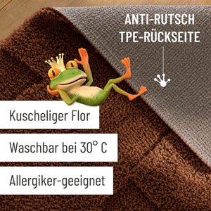 {"class" => "product-thumbnails__image", "alt" => "Badteppich von BathKing by WECONhome Davie Braun Detailaufnahme Flor auf Holzfußboden, eingeblendete Hinweise zu rutschhemmender Rückseite und Waschbarkeit"}