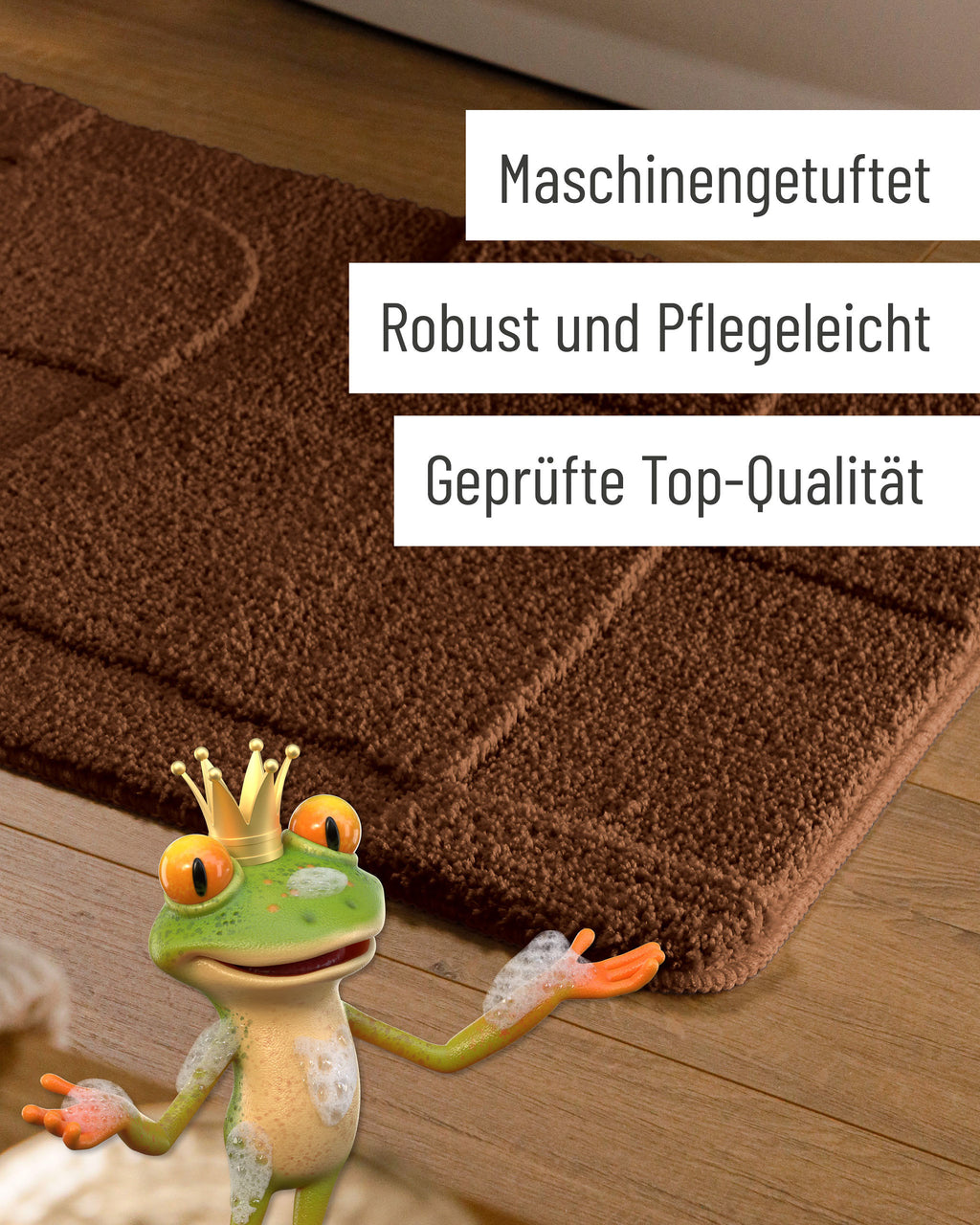 Badteppich von BathKing by WECONhome Davie Braun Detail der Teppichkante auf Holzfußboden, eingeblendete Hinweise zu Verarbeitung und Pflege