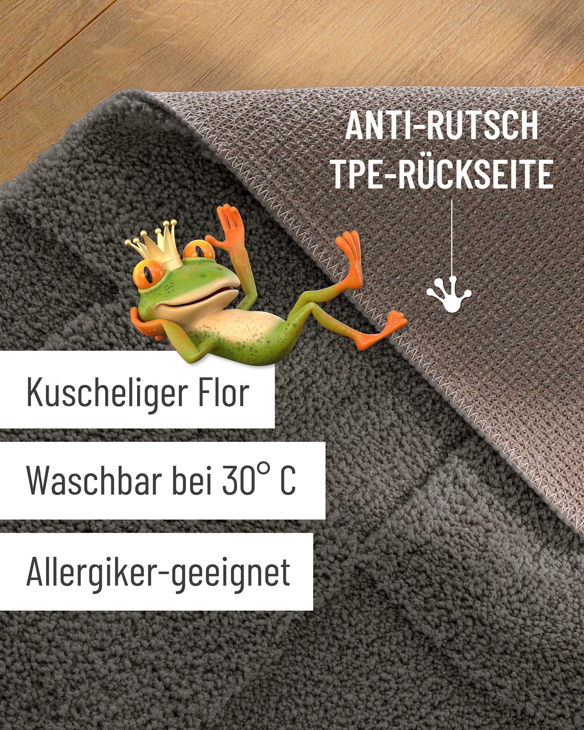 Badteppich von BathKing by WECONhome Davie Basalt Grau Detailaufnahme Flor auf Holzfußboden, eingeblendete Hinweise zu rutschhemmender Rückseite und Waschbarkeit