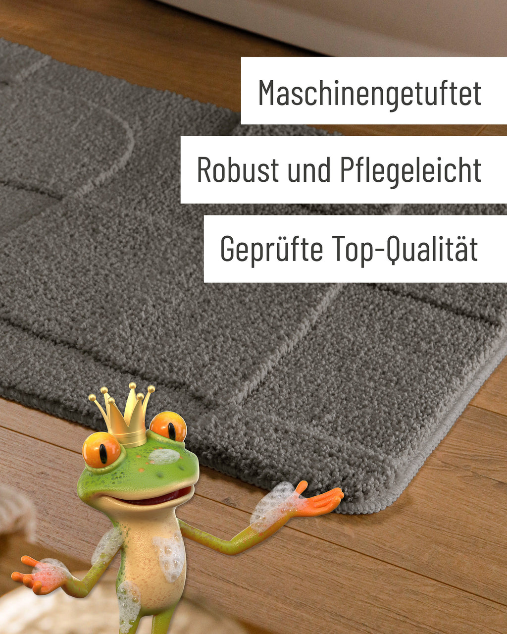 Badteppich von BathKing by WECONhome Davie Basalt Grau Detail der Teppichkante auf Holzfußboden, eingeblendete Hinweise zu Verarbeitung und Pflege