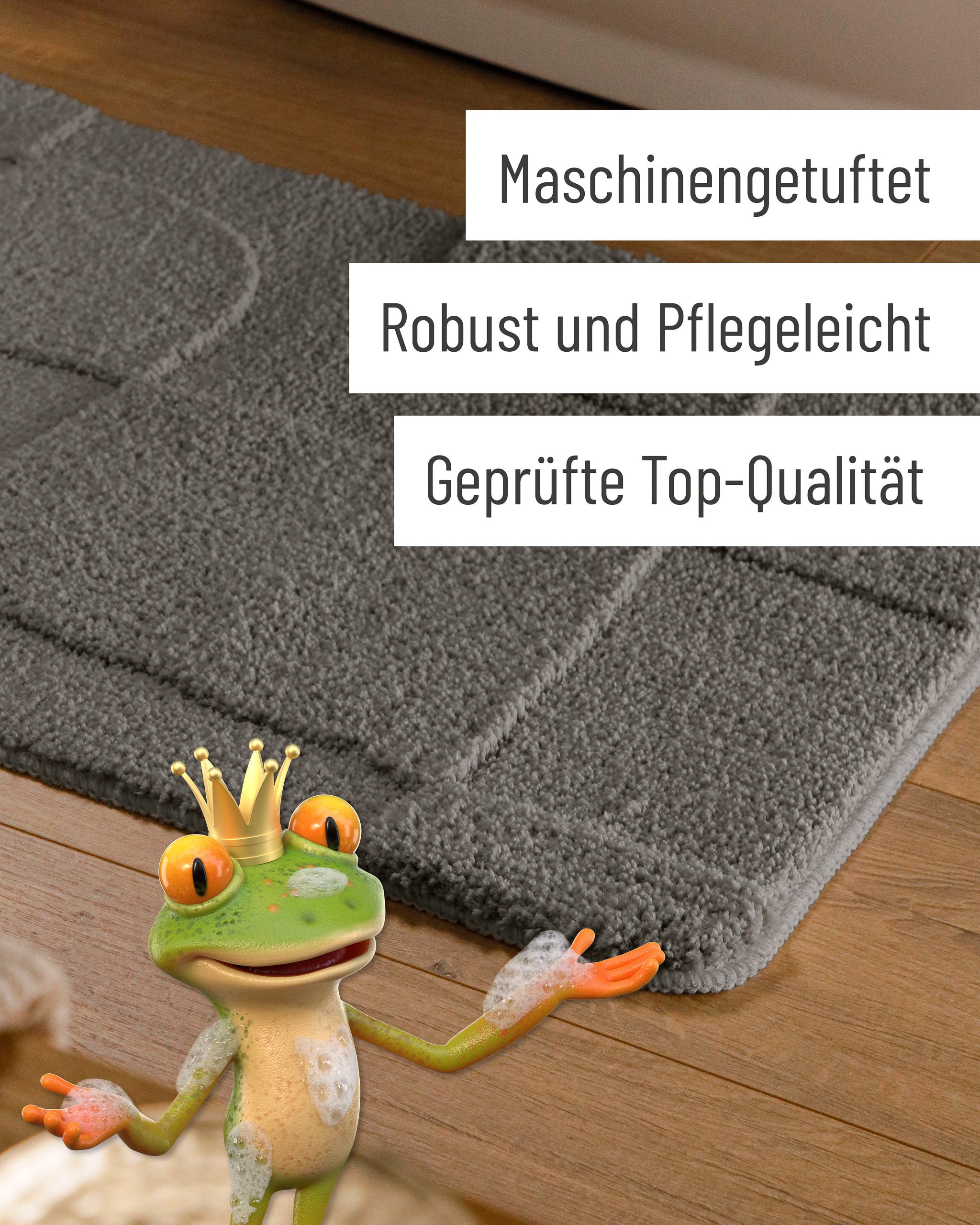 Badteppich von BathKing by WECONhome Davie Basalt Grau Detail der Teppichkante auf Holzfußboden, eingeblendete Hinweise zu Verarbeitung und Pflege