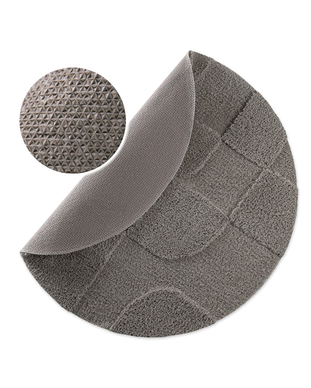 Badteppich von BathKing by WECONhome Davie Basalt Grau rund, angehobene Ecke zeigt Basalt Graue Rückseite mit rutschhemmender Beschichtung