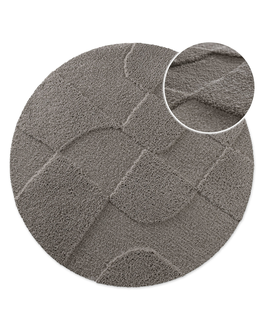 Badteppich von BathKing by WECONhome Davie Basalt Grau rund, Draufsicht mit Detailkreis der Florstruktur und eingeprägtem Linienmuster auf hellem Hintergrund
