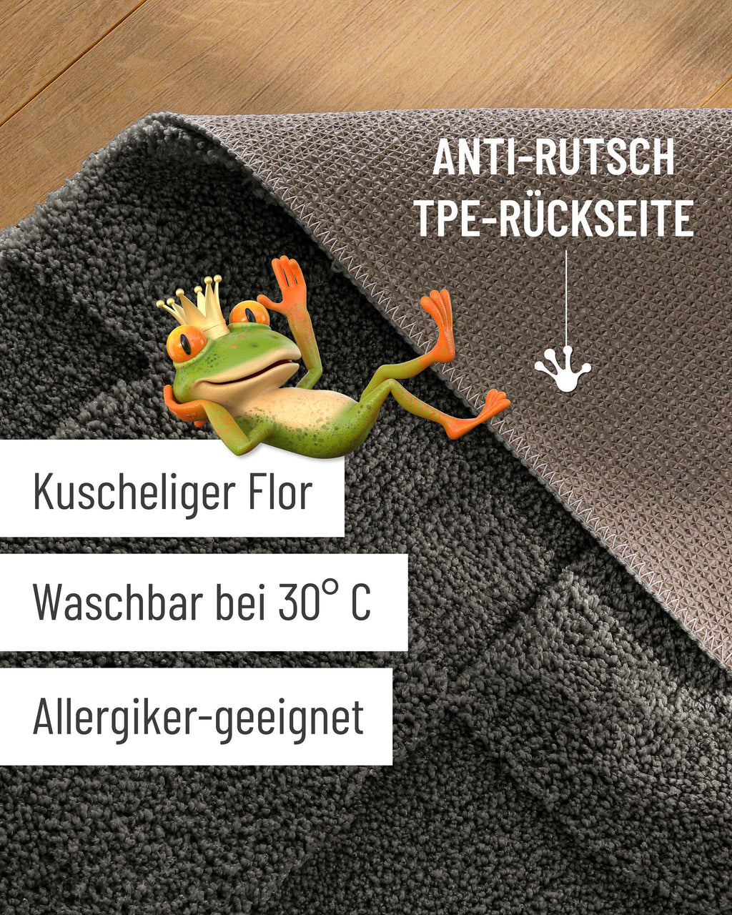 Badteppich von BathKing by WECONhome Davie Anthrazit Grau Detailaufnahme Flor auf Holzfußboden, eingeblendete Hinweise zu rutschhemmender Rückseite und Waschbarkeit