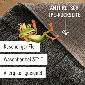 {"class" => "product-thumbnails__image", "alt" => "Badteppich von BathKing by WECONhome Davie Anthrazit Grau Detailaufnahme Flor auf Holzfußboden, eingeblendete Hinweise zu rutschhemmender Rückseite und Waschbarkeit"}